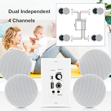 Herdio Bluetooth Wall Amplifier 4 Channels Volume Control Wall Plate USB/MIC/AUX(3.5mm) Inputs Connect 4 Speakers with 12V 3A Power Supply,HWA-16BT-4CH
