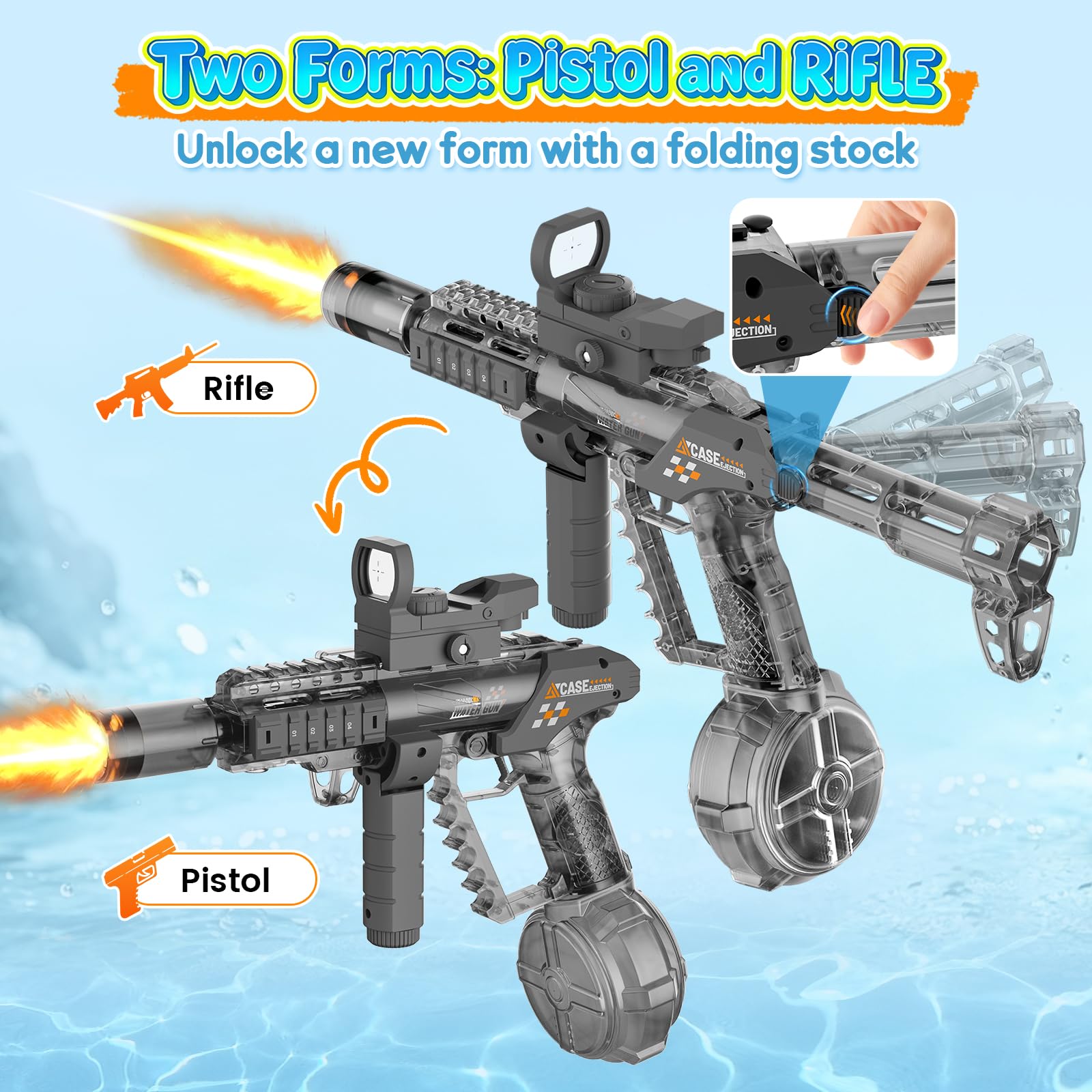 WUQNGI Pistolets et Fusils à Eau, Pistolet a Eau Electrique Puissant, Automatique 2-en-1 Pliable avec Effet de Flamme Lumineux, Grande Capacité, Jouet de Plage et Piscine pour Été Enfants et Adultes