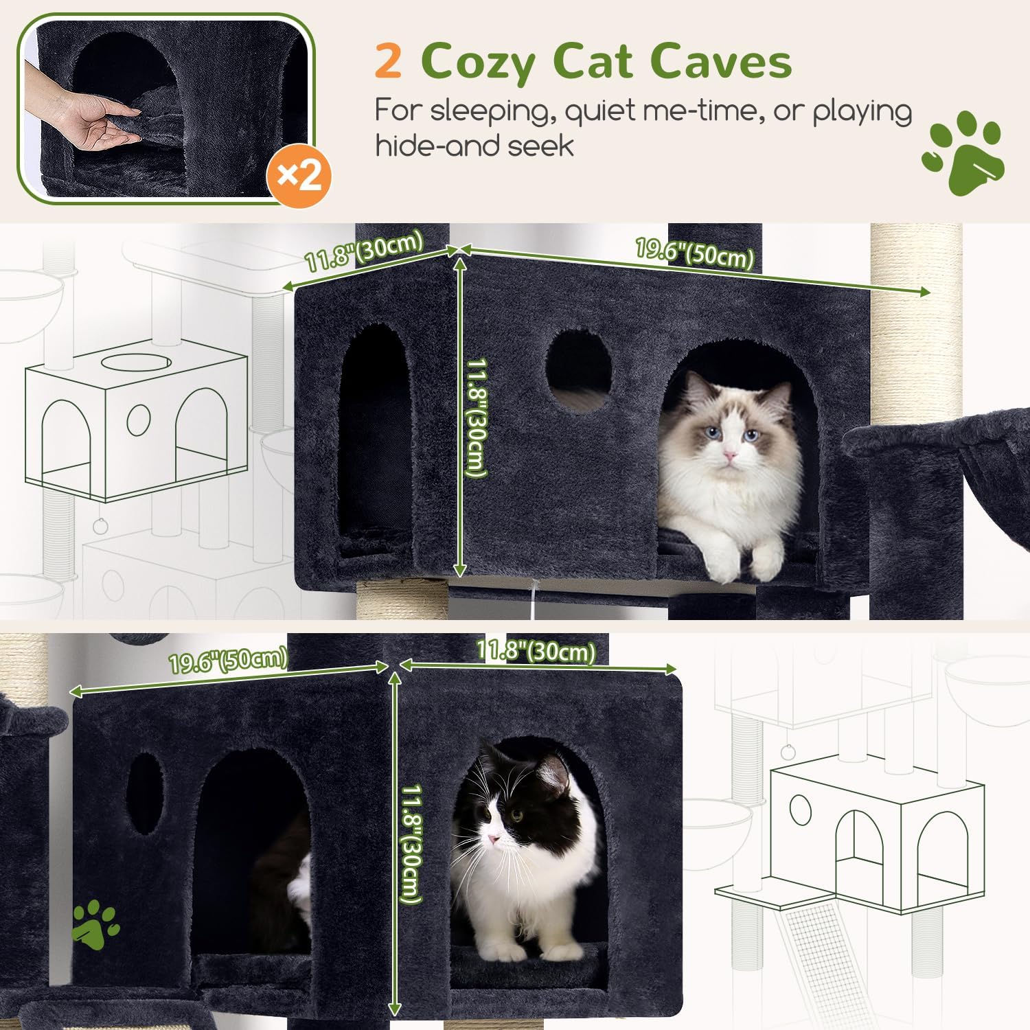 Globlazer Large Cat Tree, 72 inch Tall Cat Climbing Tower for Indoor Large Adult Cats Multi-Level Furniture Tree House with 2 Cozy Perches, 2 Padded Condos, 5 Sisal Scratching Posts, F72G, Dark Grey