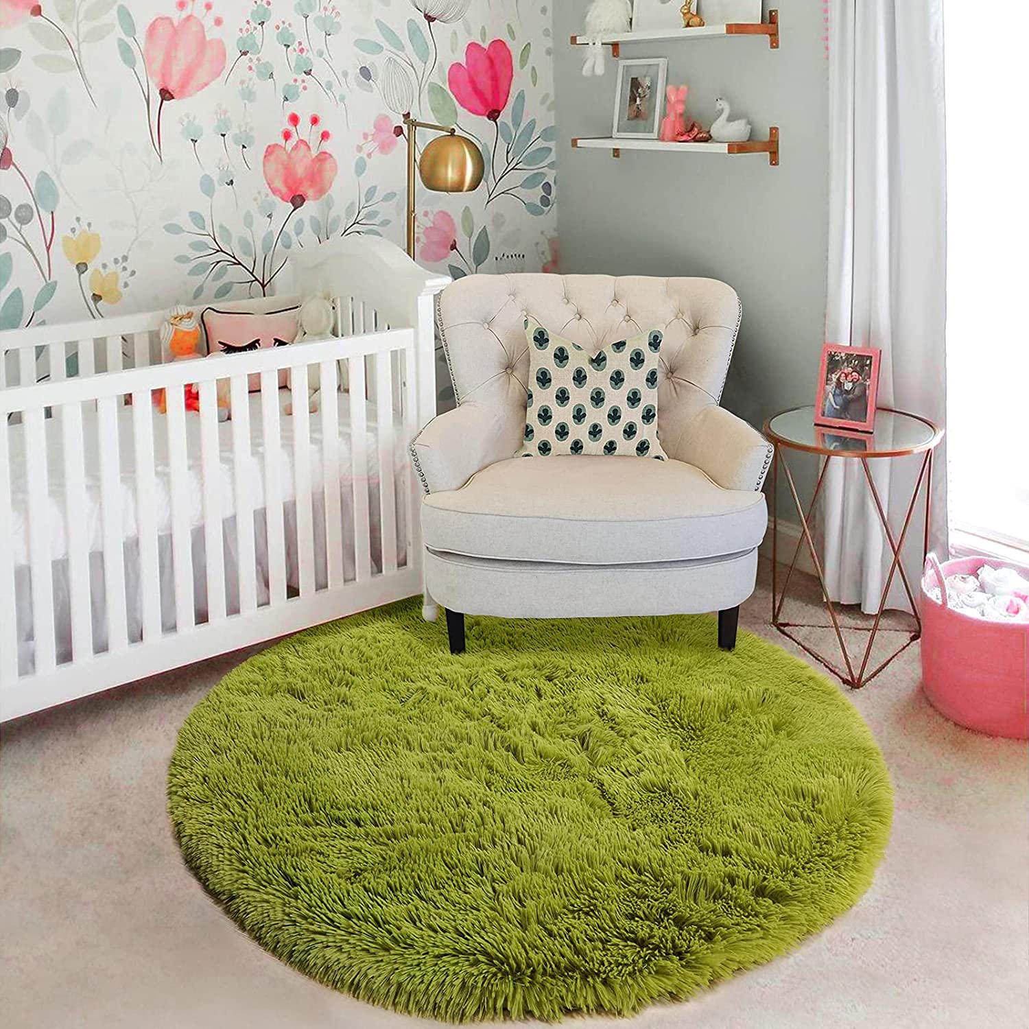 SW Handloom Rugs Polyester Anti Slip Round Shaggy Fluffy Fur Rug and Carpet for Living Room, Bedroom (Green, 5 x 5 Green