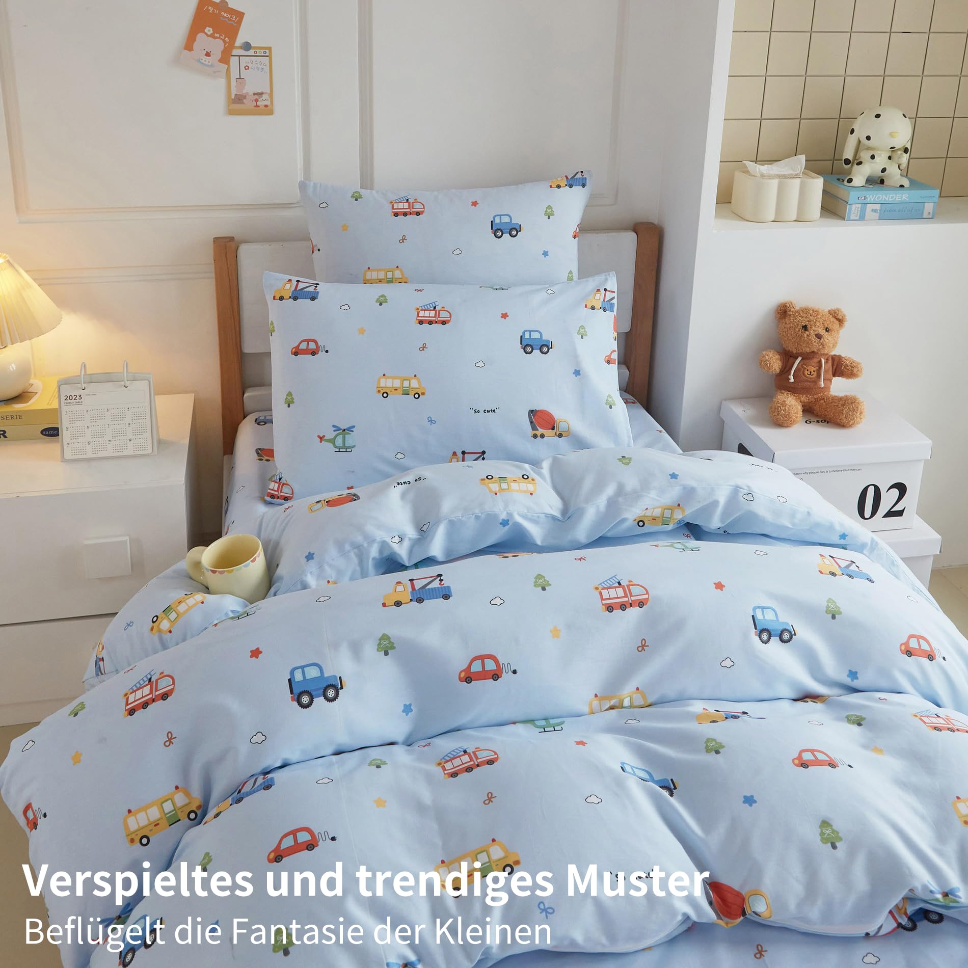 Baumwolle Bettwäsche 135x200 Kinder Auto Motiv Blau Bettwäsche Kinder 135x200 Jungen Weiche Bettbezug Set 2teilig für Jugendliche Jungen Geschenk mit Reißverschluss und 80x80 cm Kissenbezug
