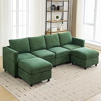 107”Modular Sectional Sofa Convertible U Shaped Sofa Couch Set with Storage for Living Room, Modern 6 Seater Modular Sectional Couch with Movable Ottoman, Chenille Dark Green