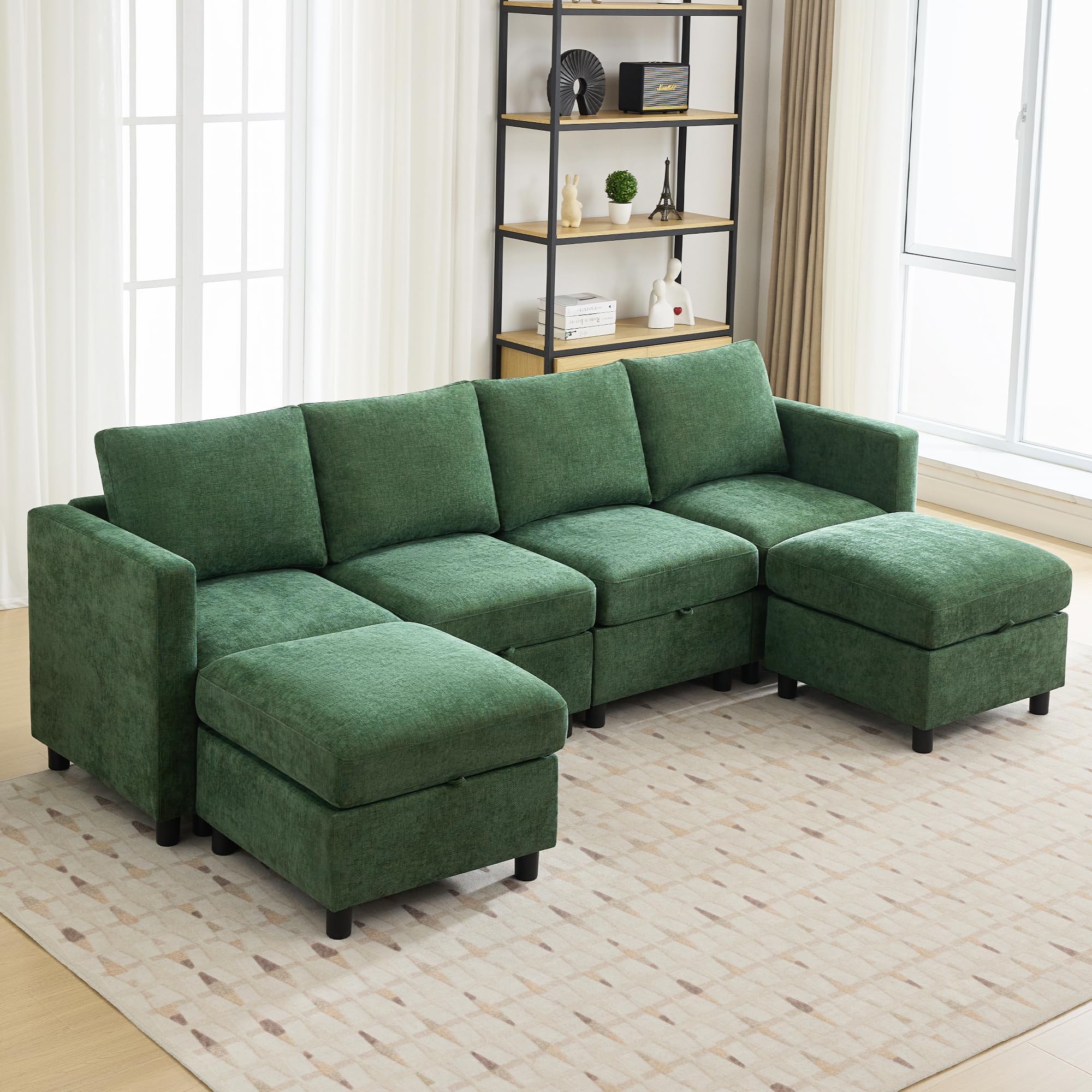 WUTUTUEE 107”Modular Sectional Sofa Convertible U Shaped Sofa Couch Set with Storage for Living Room, Modern 6 Seater Modular Sectional Couch with Movable Ottoman, Chenille Dark Green