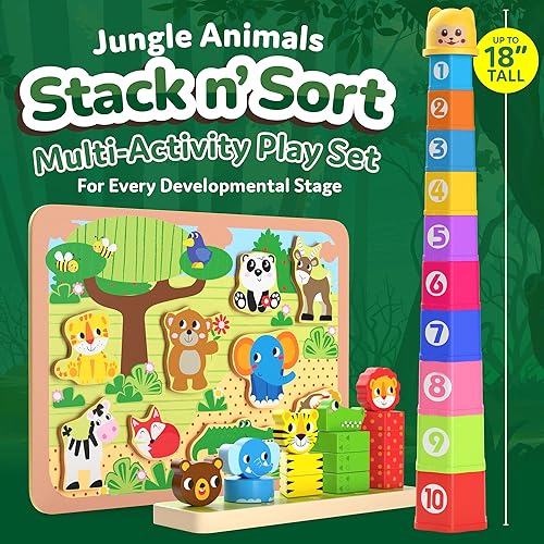 Miniatura 10 de CoolToys Stack n' Sort - Juego de juguetes de aprendizaje para niÃ±os pequeÃ±os y bebÃ©s, 3 juguetes educativos de habilidades motoras finas para