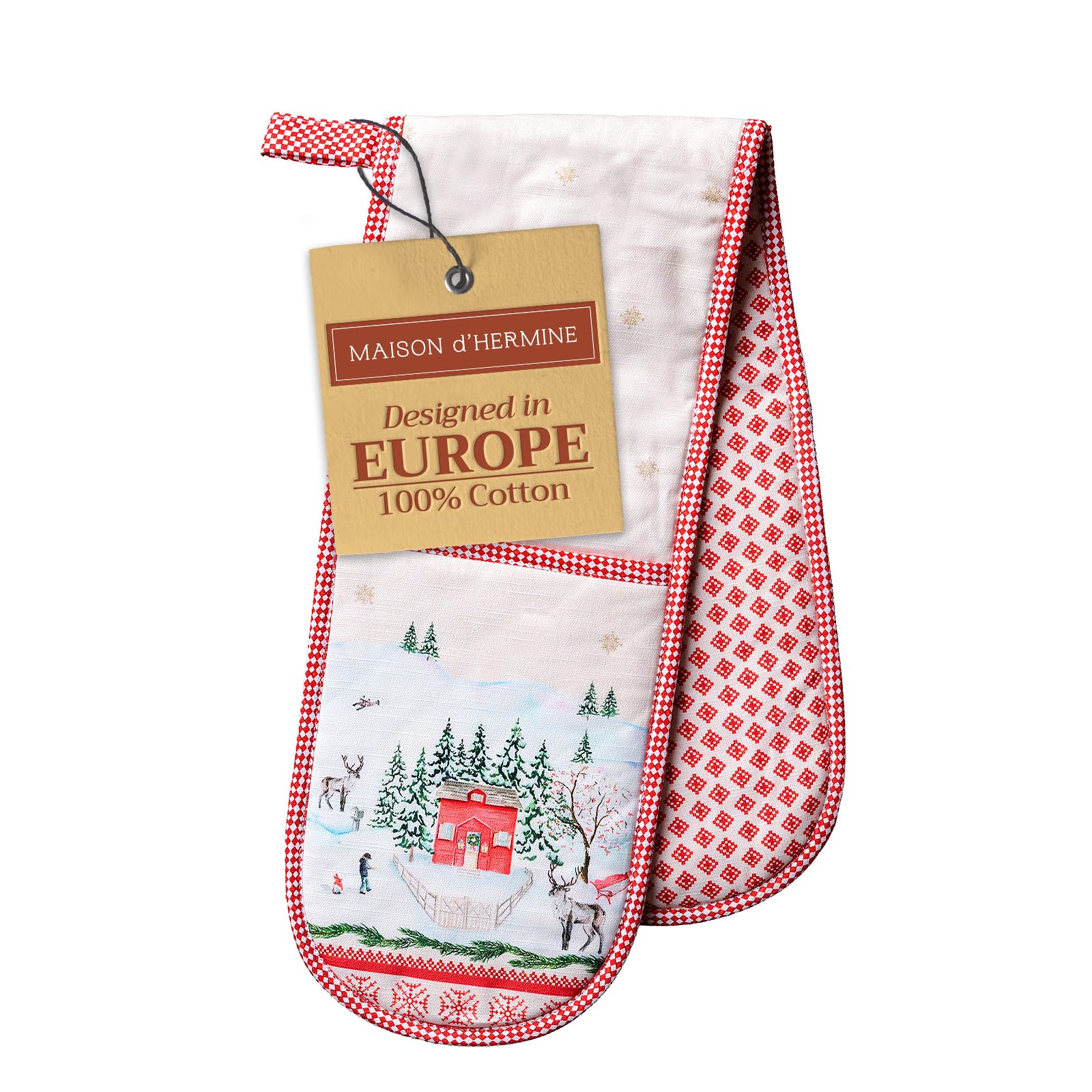 Maison d' Hermine Double Oven Mitt (18 cm x 89 cm) 100% Cotton Heat Resistant BBQ Cooking Gloves with Loop for Christmas Decorations Baking Cooking Barbeque Handling Hot Pan (Rural Christmas)