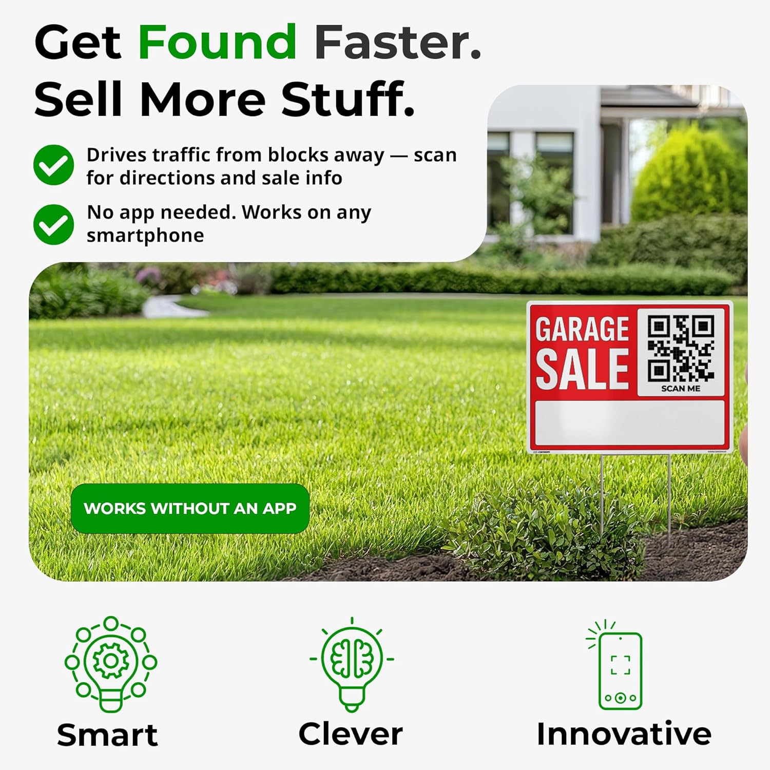 19×14 Garage Sale Sign (3-Pack) - Direct Buyers Easily | Double-Sided, Weatherproof | Corrugated Plastic | Stakes & App Included