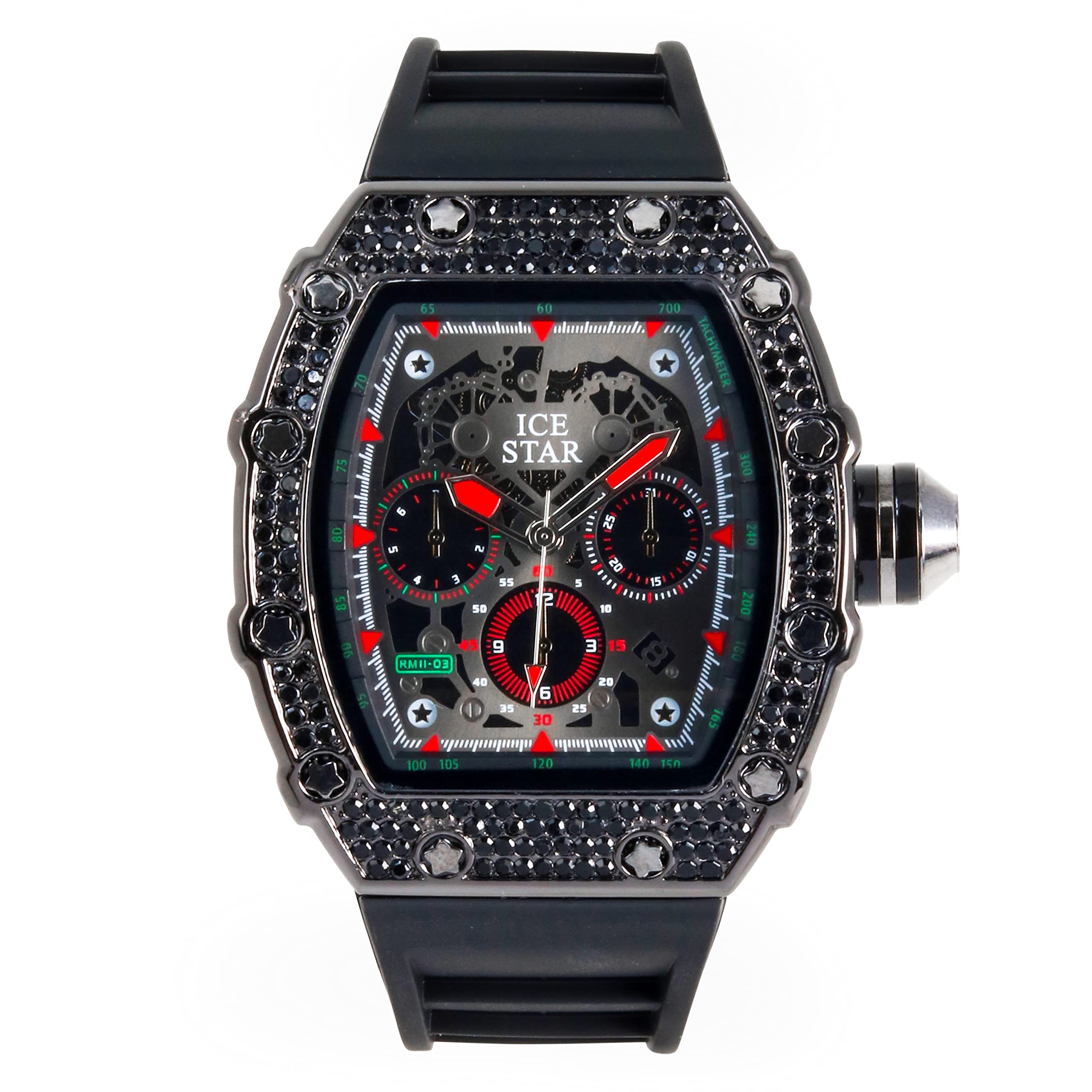 Men's 45mm Iced Out Tonneau Shape Watch, Silicone Band