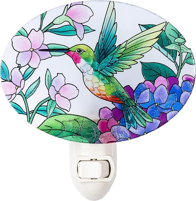 VOUWOWOX Hummingbird Stained Glass Night Light Made with Real Glass Floral Design Green Bird Bulb Included Decorative for Bedroom Bathroom Hallway (Oval Shape)