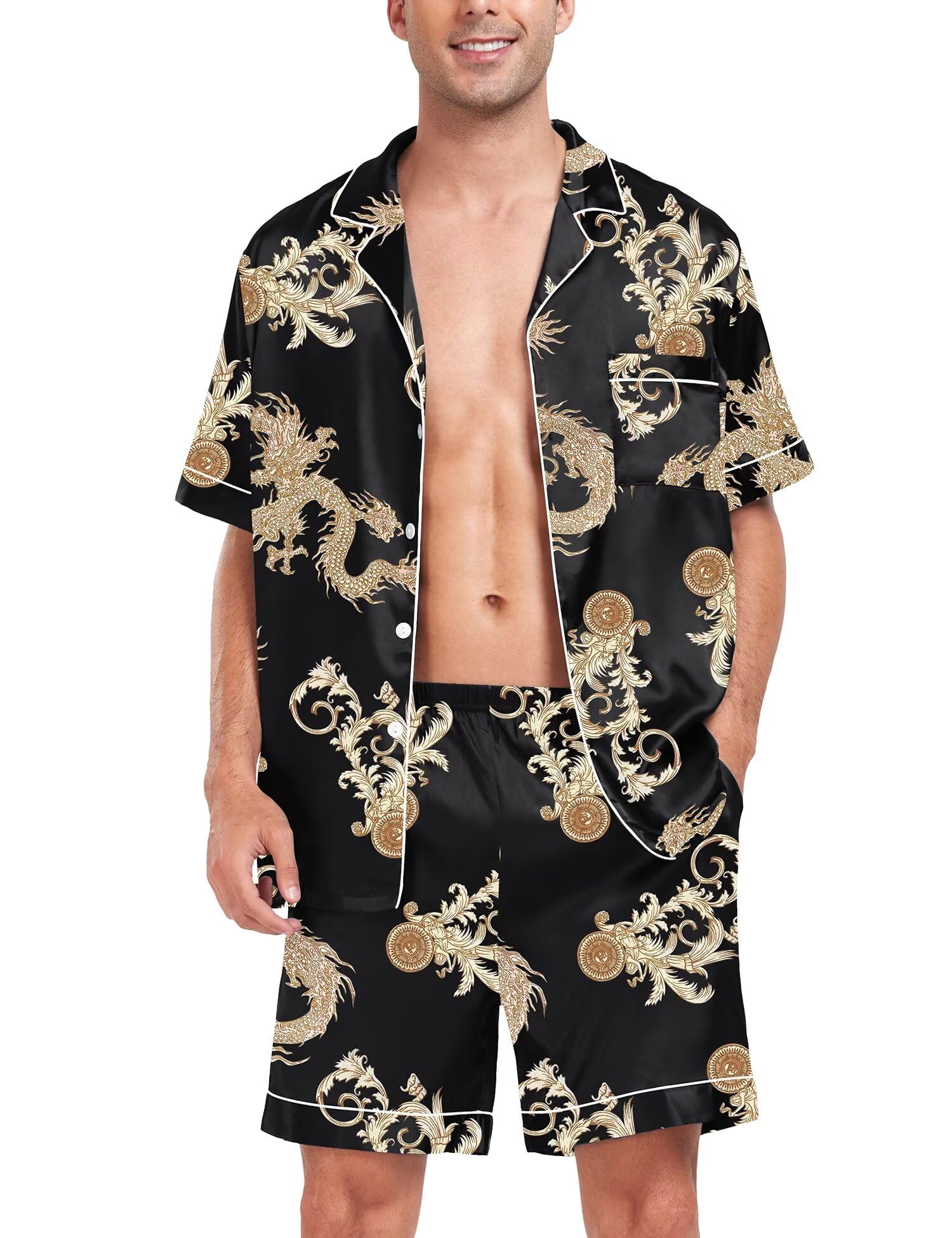 SWOMOG Men Satin Silk Pajamas Sets Short Sleeve Sleepwear Button-Down PJs Sets Two-Pieces Loungewear with Pockets