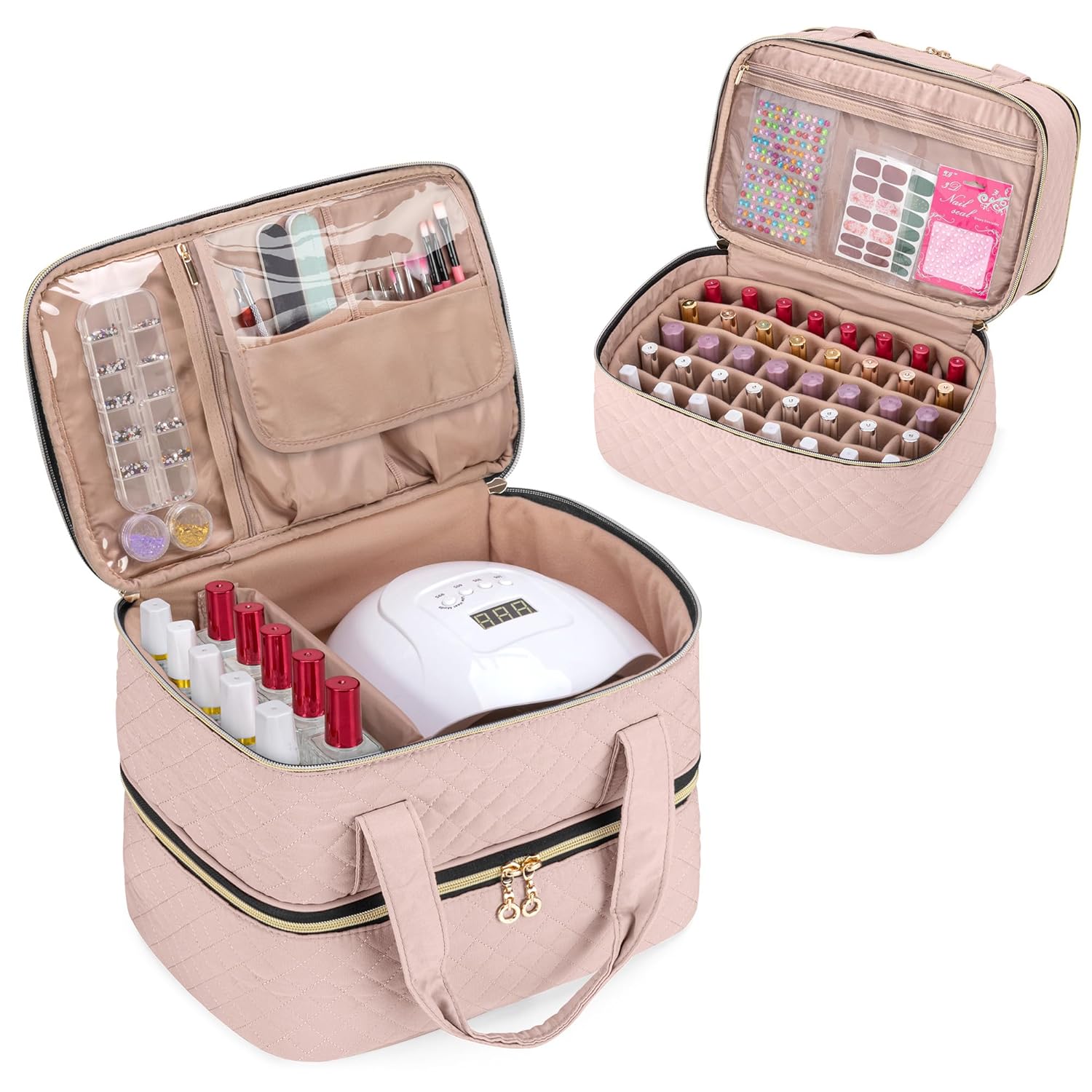 Yarwo Nail Polish Organizer Case Holds 50 Bottles(15ml/0.5 fl.oz) and Nail Lamp, Double Layers Nail Polish Bag with Adjustable Dividers for Nail Art Tools, Dusty Rose (Bag Only, Patent Design)