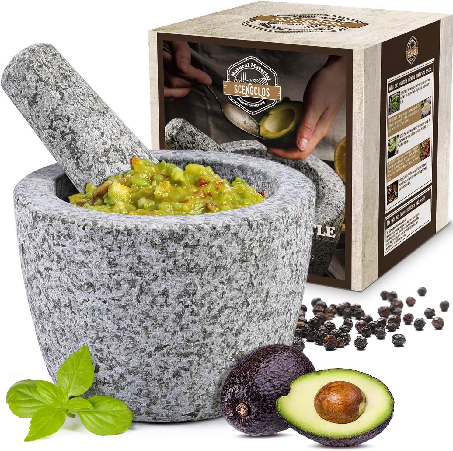 Mortar and Pestle Set with Longer Pestle(6.25'') and Anti-Scratch Pad, Granite Unpolished Molcajete, Spices Grinder for Guacamole, Herb, Spices, Pastes, Salads