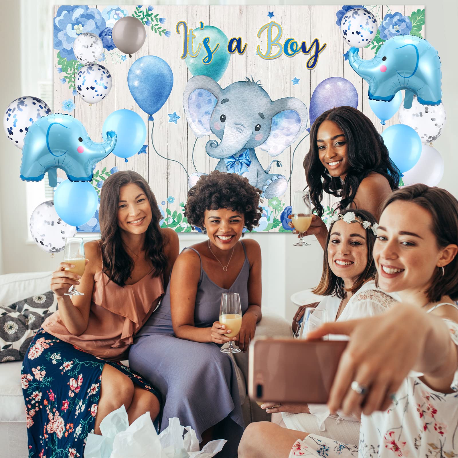 Elefante decoración de fiesta de baby shower, 121 piezas azul suministros de fiesta incluyen telón de fondo, globos, mantel y decoración de pastel para baby shower, género, tema de elefante,