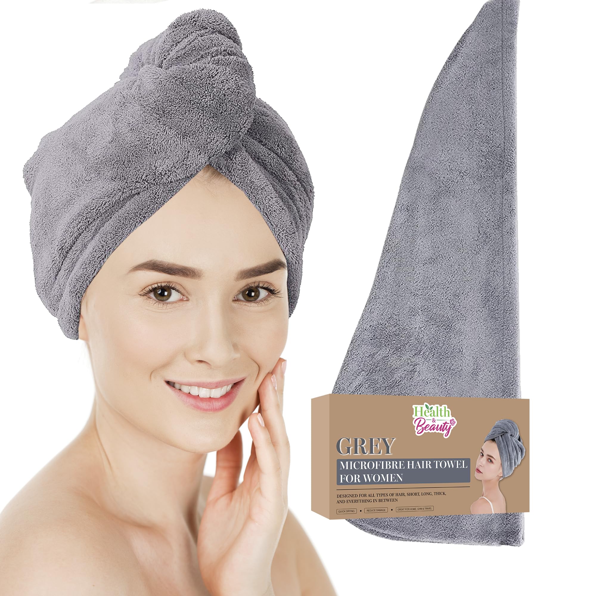 SOL Grey Microfibre Hair Towel Wrap for Long Hair - Super Absorbent & Soft - Quick-Dry Turban for Curly, Thick or Straight Hair - Anti-Frizz, No Blow Dryer Needed, Perfect for Home & Spa Use