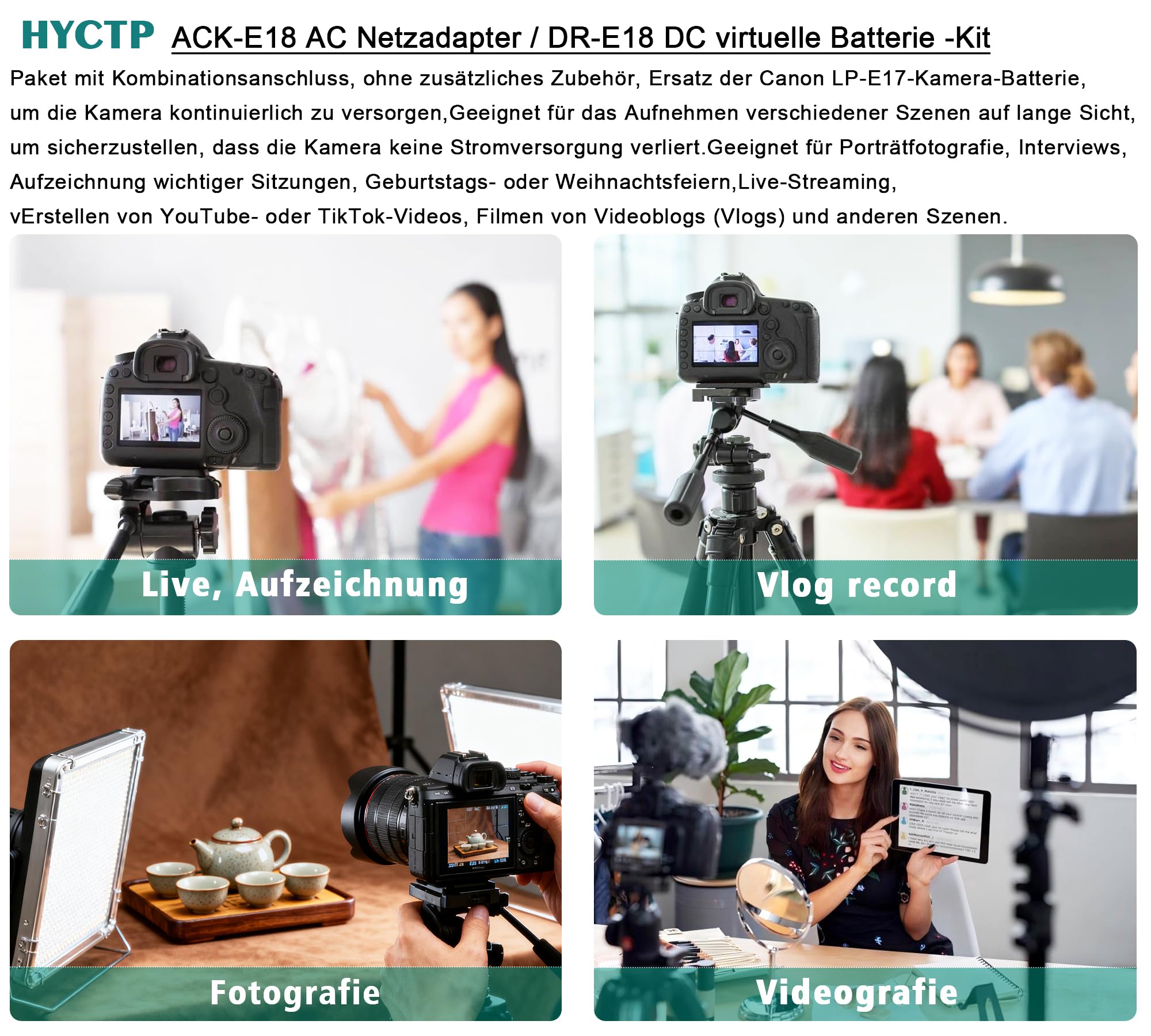 HYCTP ACK-E18 Alimentatore di rete DR-E18 DC accoppiatore LP-E17 Dummy Batteria Kit per Canon EOS Rebel T6i T7i SL2 RP R8 R10 R50 R100 T8i T6s 77D 200D 250D 760D 800D 850D 80D Fotocamere 0D