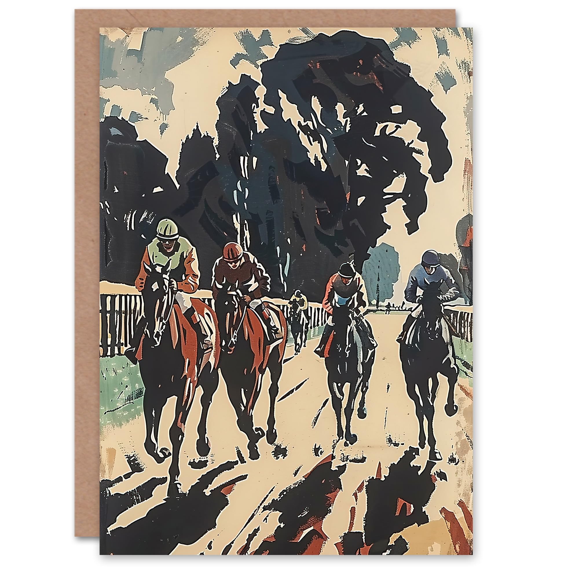 Artery8 Horse Racing Scene Modern Artwork Jockeys Bold Greeting Birthday Card Him Her All Blank
