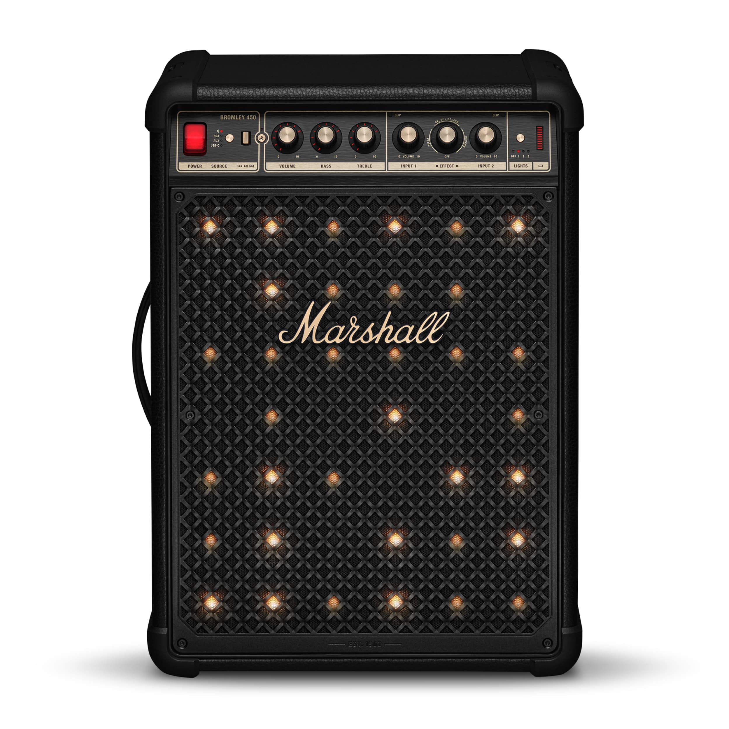Marshall Bromley 450 Portable Party Speaker - Loud 360° Sound with Bass EQ Controls | 40+ Hours Playtime | Bluetooth, 3.5 mm AUX, RCA, Microphone,