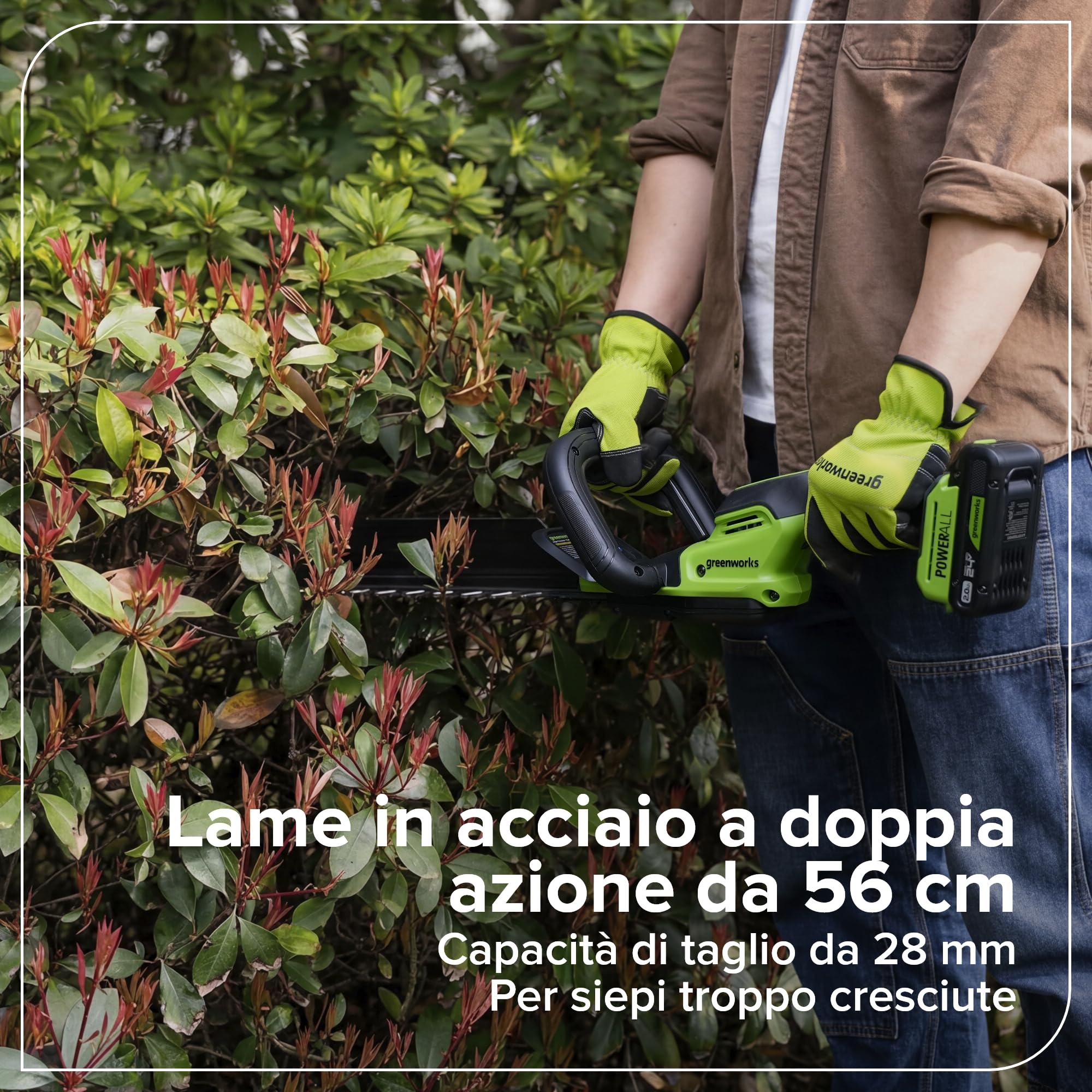 Greenworks Cortasetos a batería 24V 56 cm con batería incluida, Motor brushless, Cuchilla Doble acción 28 mm, Hedge Sweeper, Cargador HT2202A1