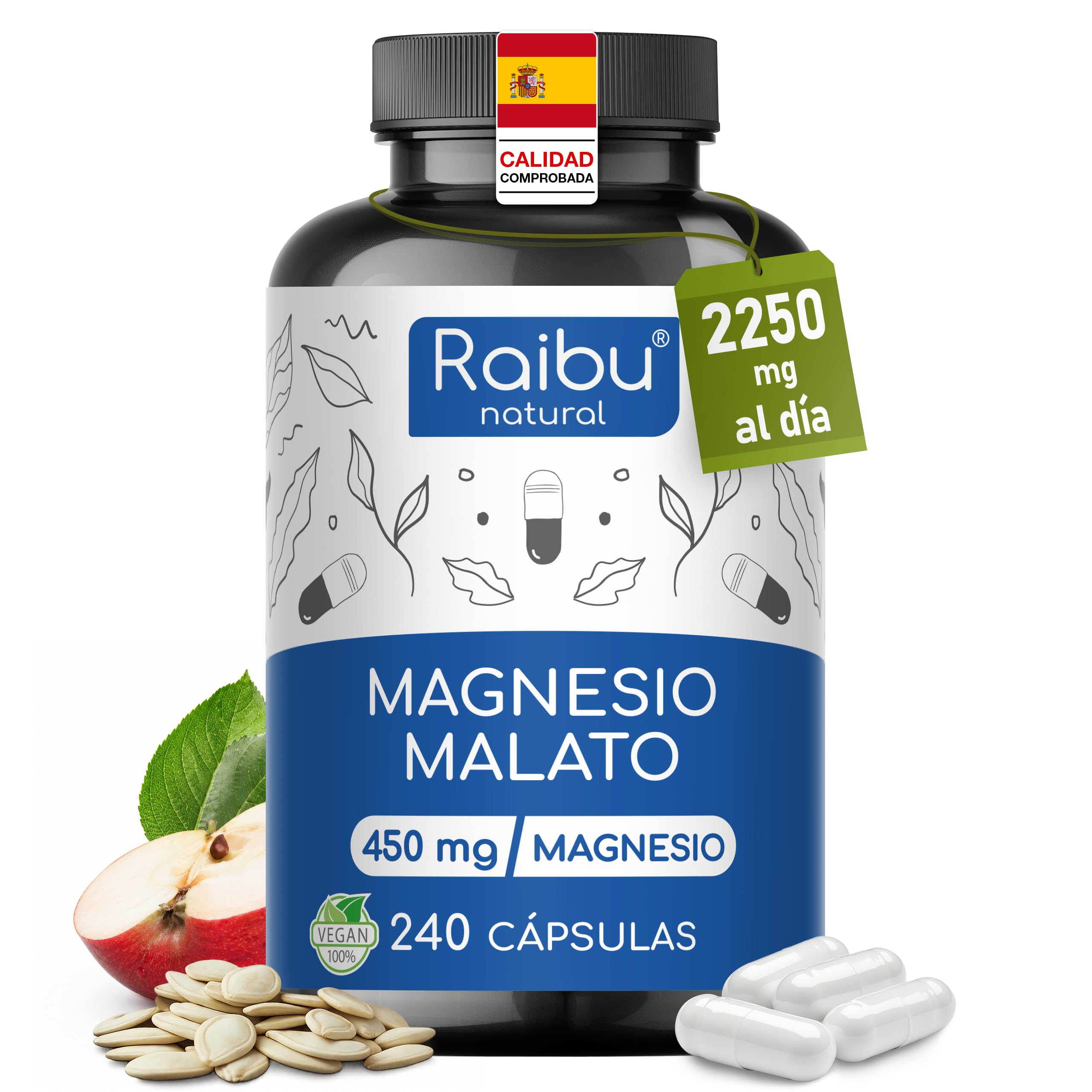 Magnesio Malato 2250 mg al Día (450 mg de Magnesio Elemental) - 240 Cápsulas - Energía, Músculos y Sistema Nervioso - Alta Dosificación y Biodisponibilidad - Sin Aditivos, Sin Gluten