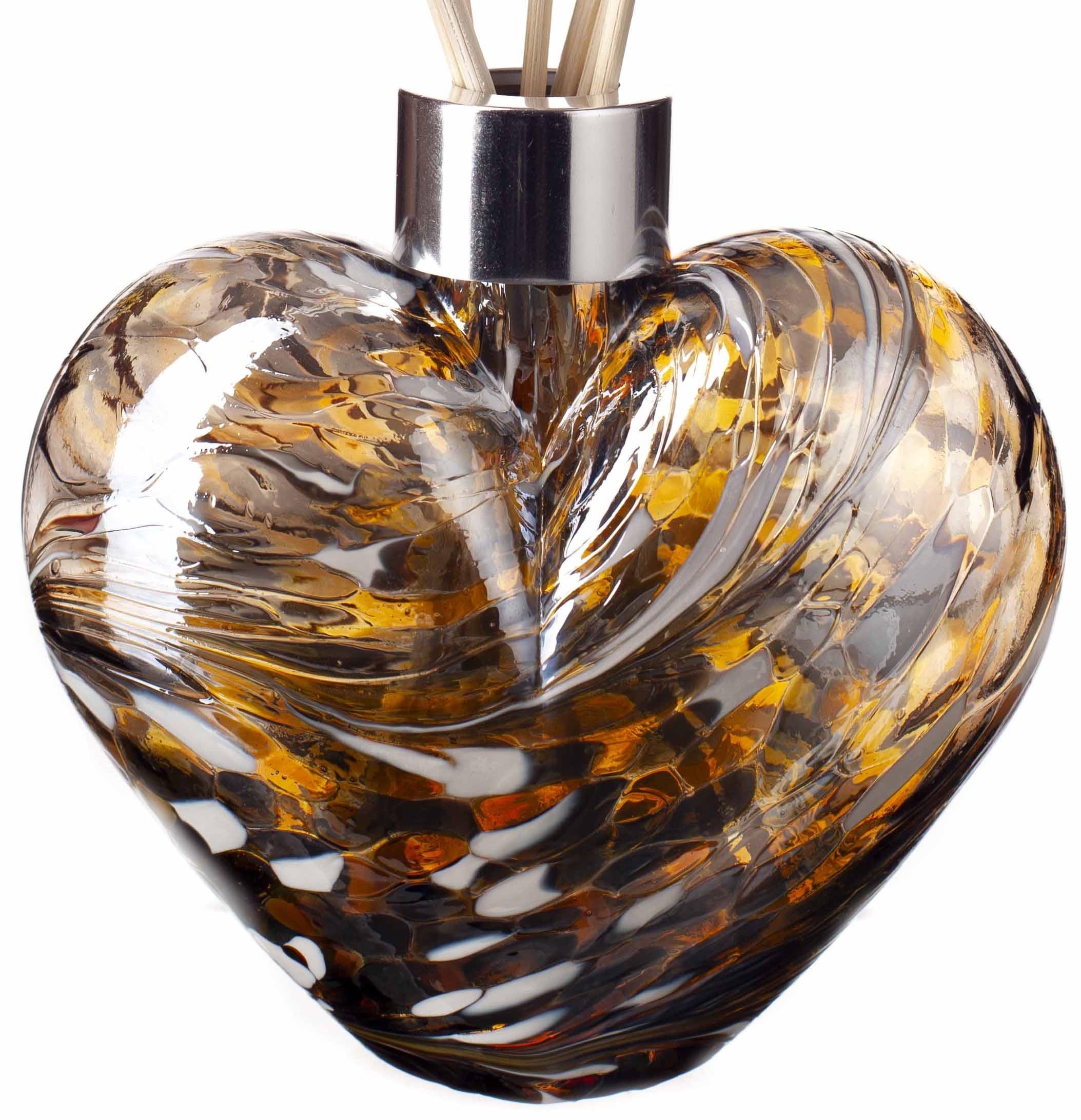 Amelia Art Glass Reed Diffuser Heart - Gold, Brown & White, Height 10.5cm, Width 11cm. Height with reeds 25cm