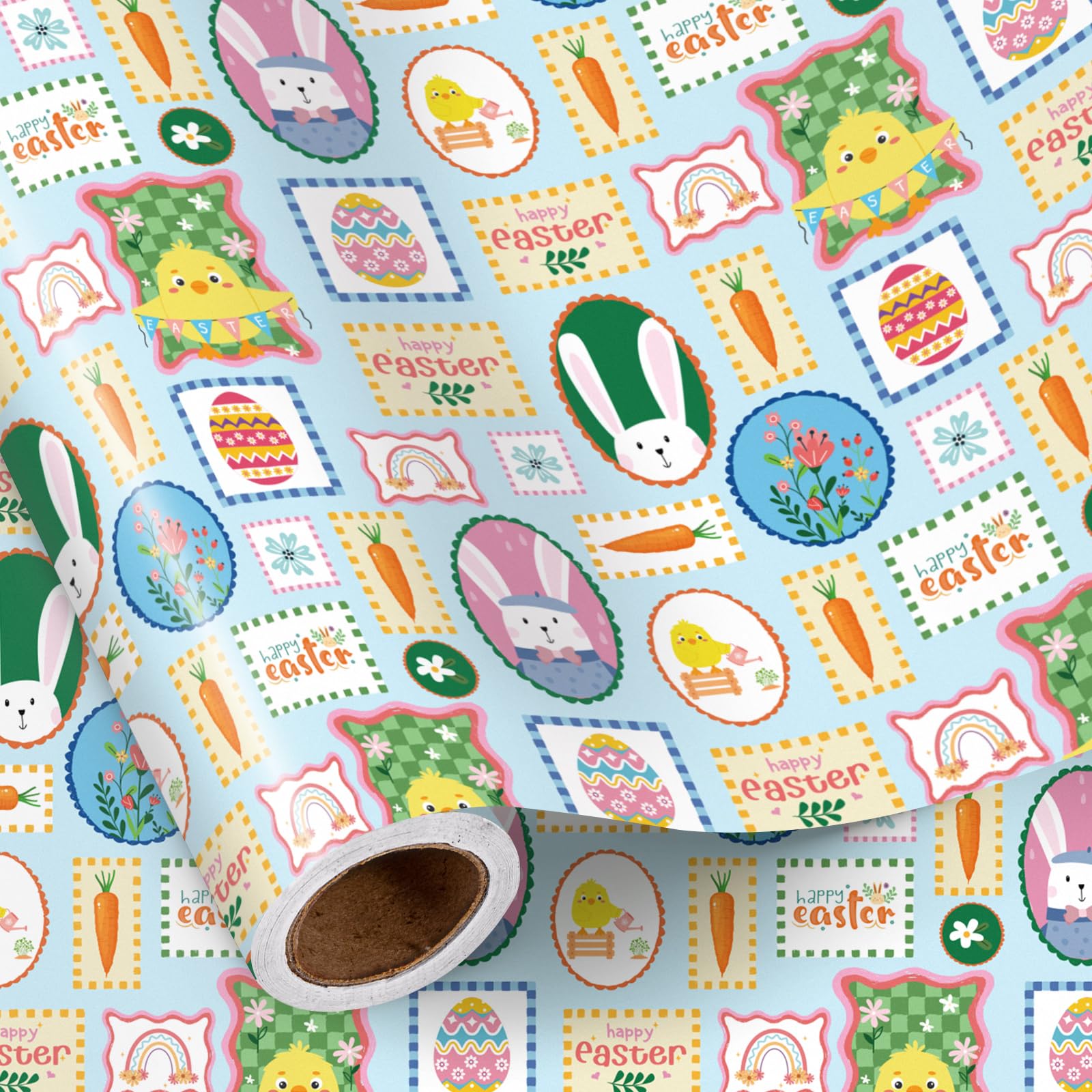 RUSPEPA Easter Wrapping Paper Roll - Blue Bunny/Chick/Carrot/Egg Postage Stamp Design Mini Roll, Whimsical Retro Spring Gift Wrap for Kids, Easter Party & Baby Shower, 43.2cm x 5m