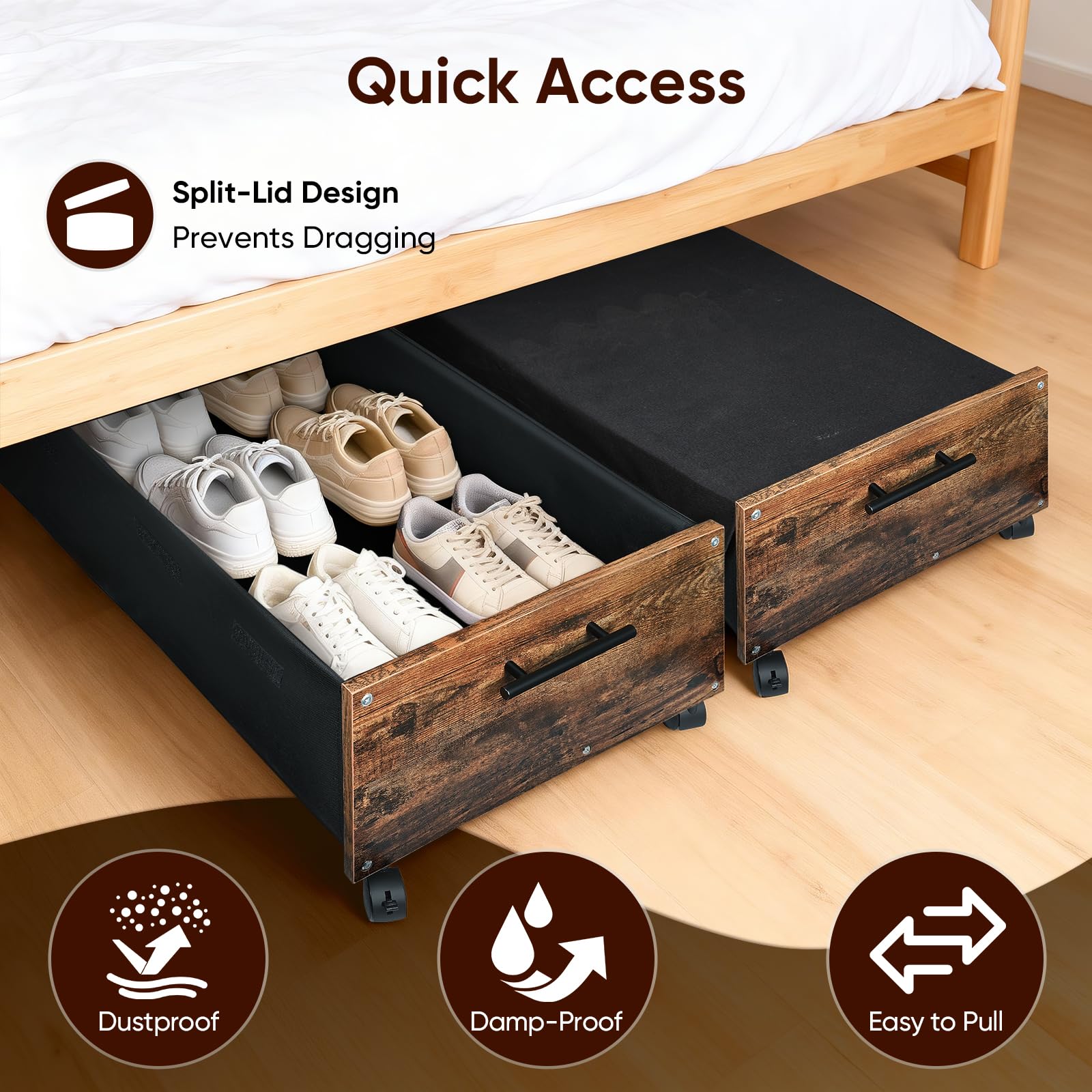 2er Set 70L Unterbett Aufbewahrungsbox mit Deckel, Unterbettkommode mit Rollen, Holz & Metallrahmen, Bettkasten Aufbewahrung für Kleidung, Schuhe, Spielzeug und Decken 75x42x27,5cm