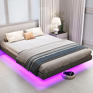 RVONOW Floating Double Bed Frame with LED Lights, 135x190cm Metal Platform Bed Frame with Under Bed Storage, Heavy Duty Steel Slats Support, No Box Spring Needed, Noise Free, Easy Assembly, Grey