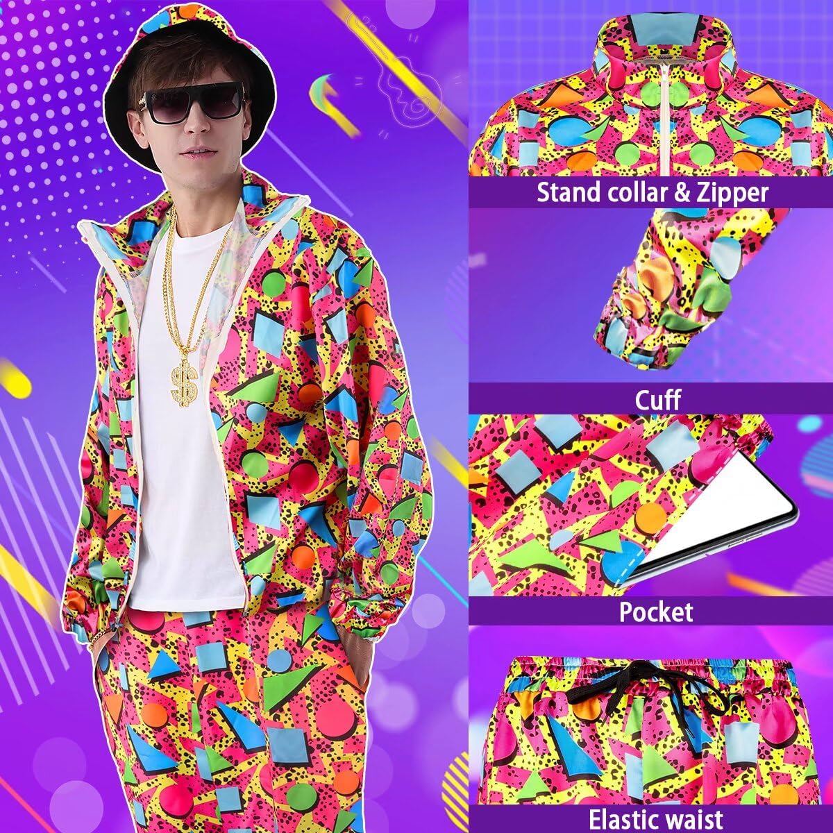 80s 90s Outfit for Men Tracksuit Costume, Hip Hop Hat Fanny Pack Ring Bracelet Gold Chain Rapper Sportswear - Image 4