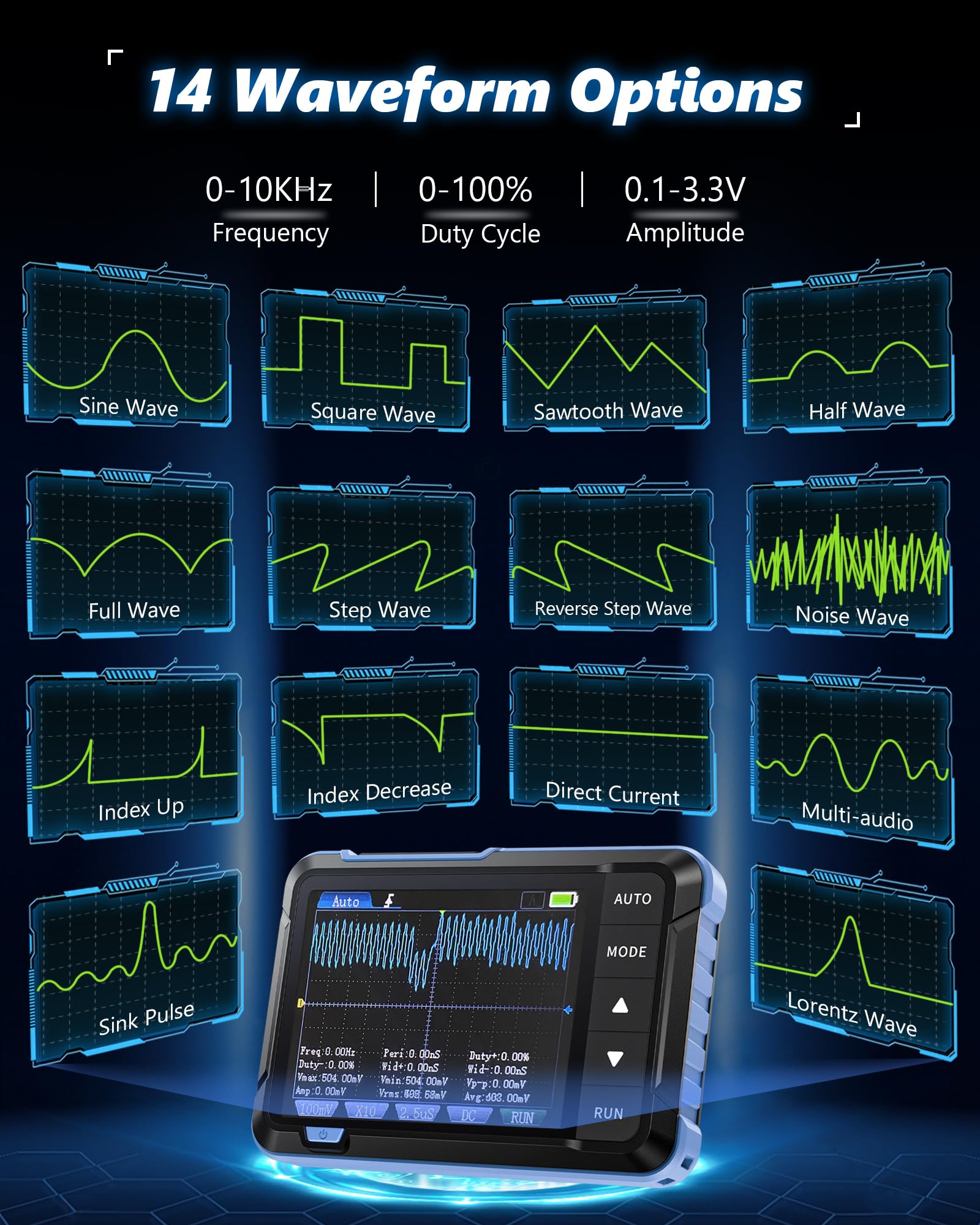 DSO153 - Oscilloscopio portatile per auto, alta frequenza di campionamento 5 MS/s, larghezza di banda 1 m, oscilloscopio portatile digitale con generatore di segnale 0-10 KHz, 14 forme d'onda