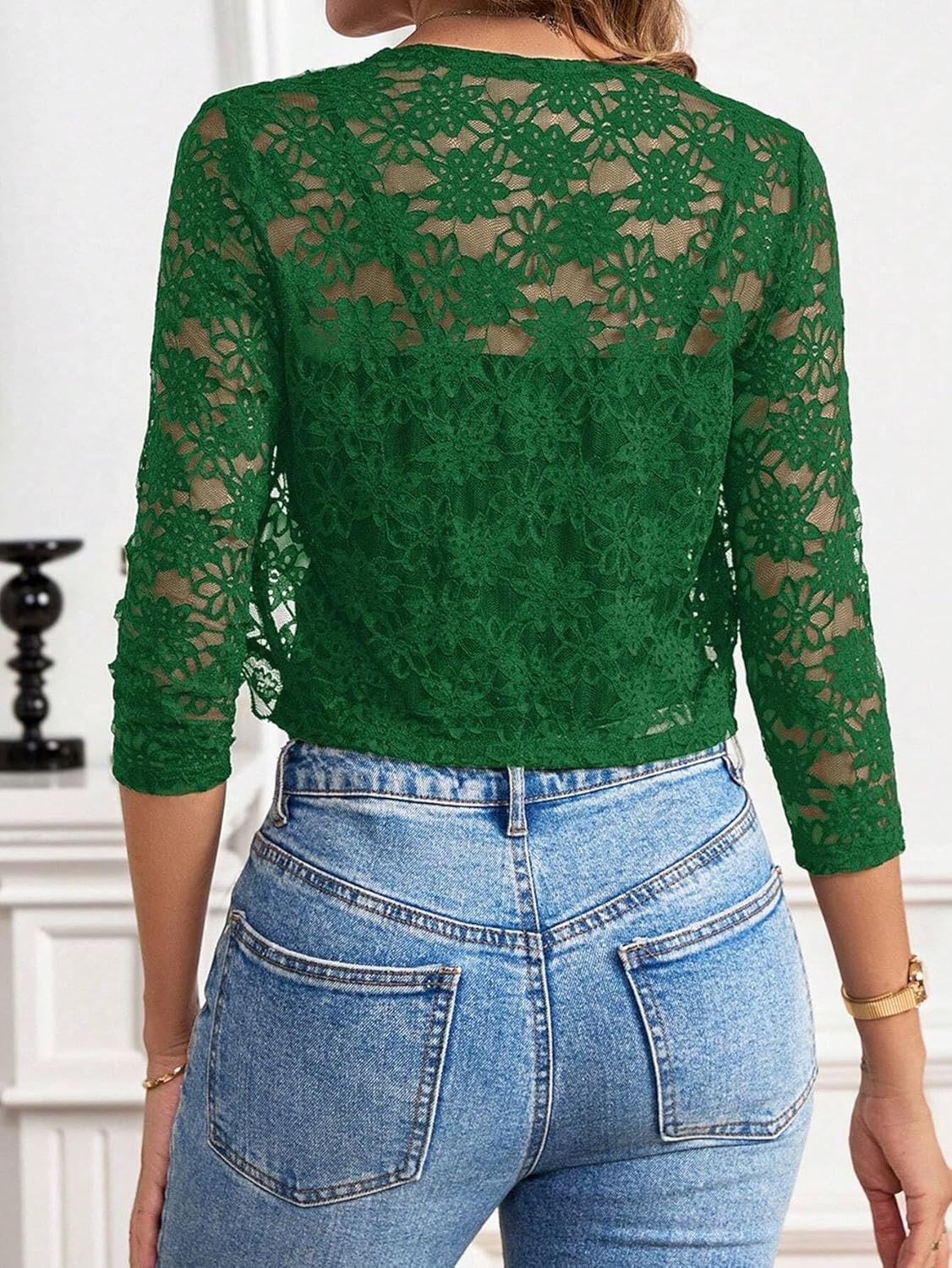 Urchics Womens Open Front Lace Shrug Top 3/4 Sleeve Cropped Cardigan Elegant Jacket Bolero Shrugs - Image 2