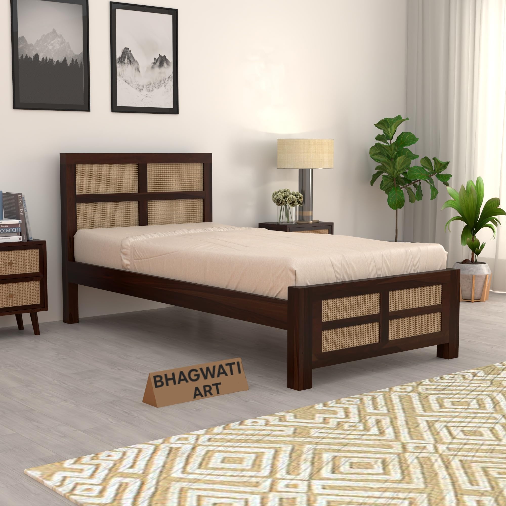 solid sheesham single bed with rattan cane design|single cot wooden bed without storage box|cane bed furniture for bedroom home & hotels|8 jaali rattan cane bed design,walnut finish
