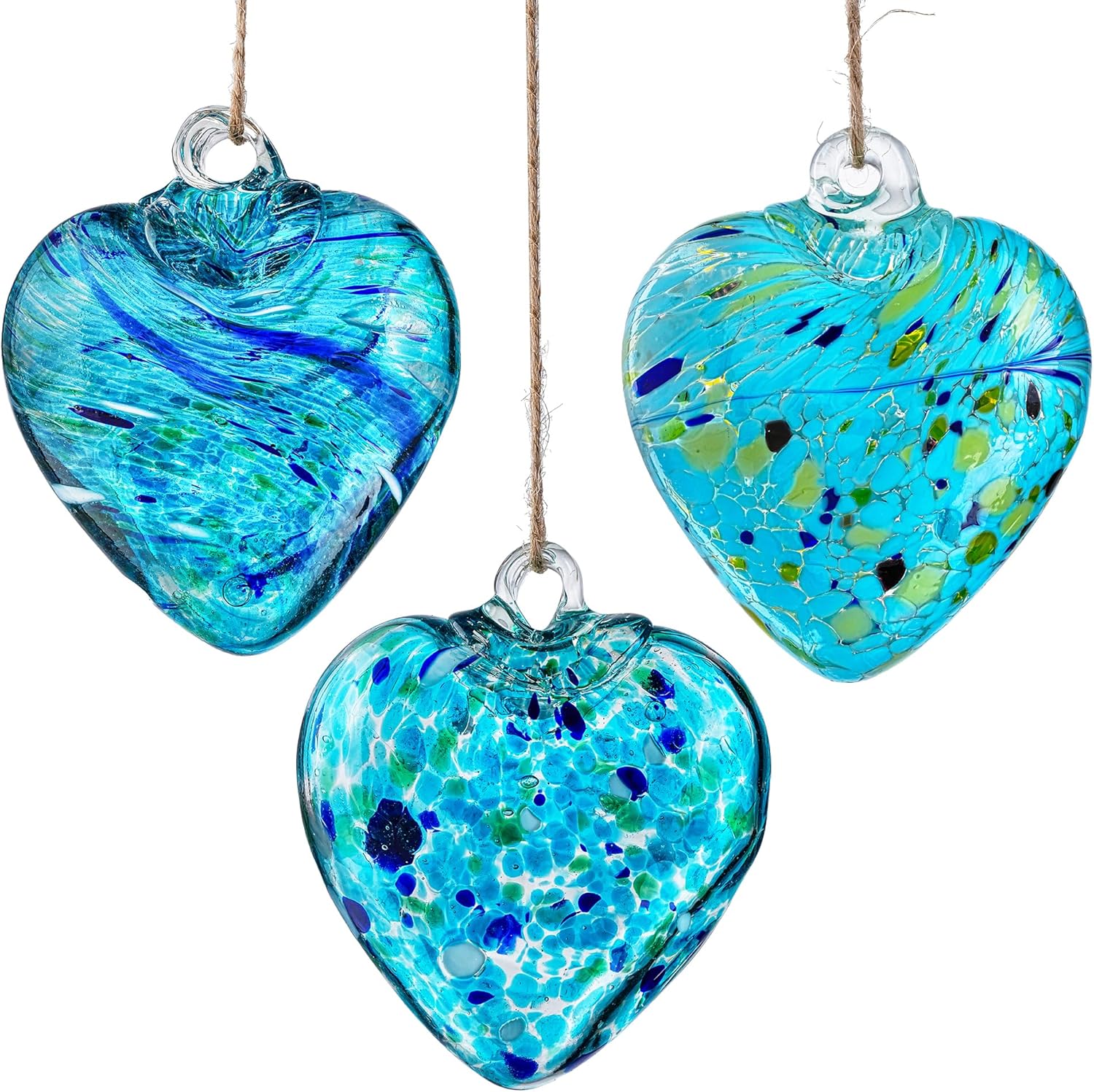 Set of 3 Handmade Glass Heart Ornaments 3.5 Inch Hanging Decoration for Home Garden