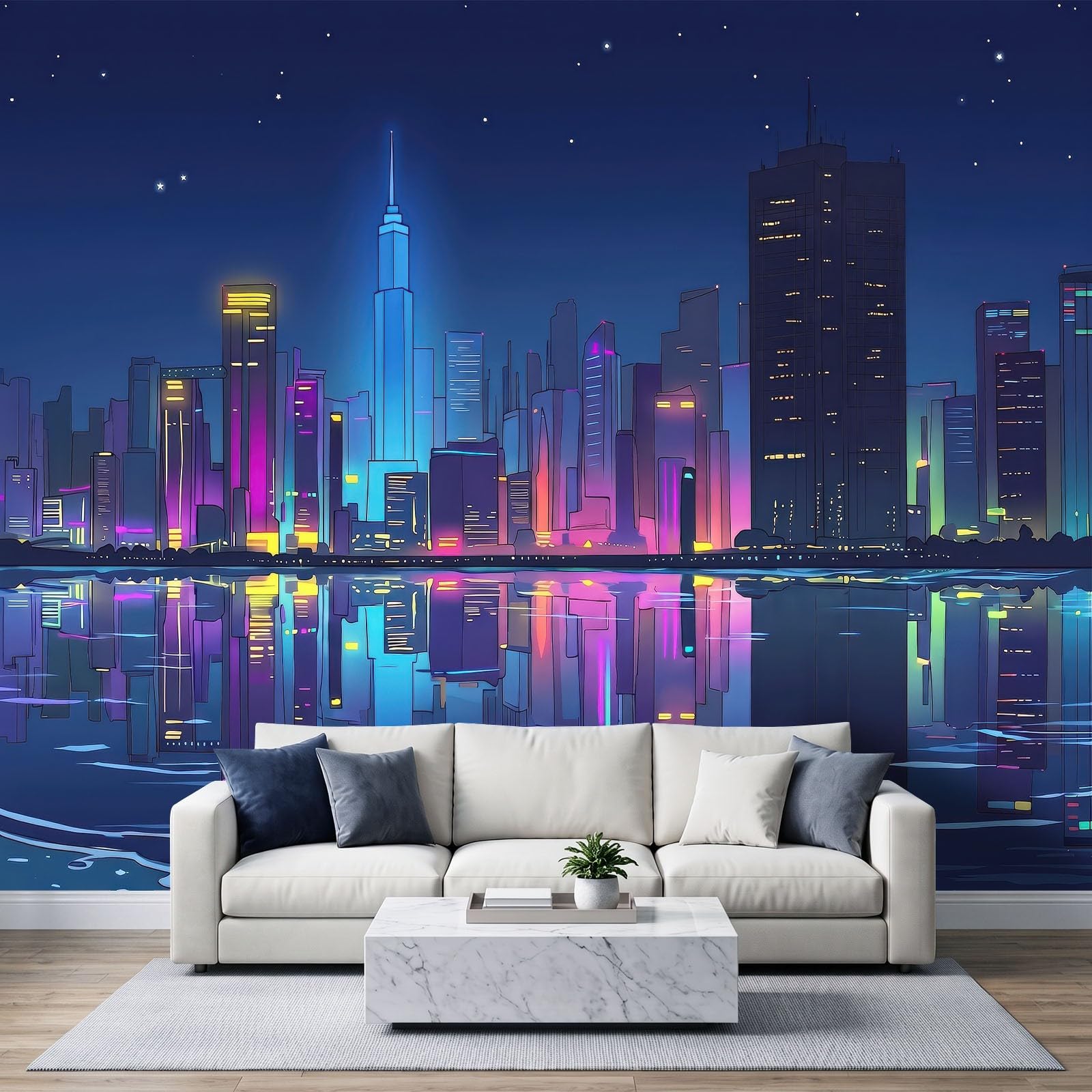 Digital Painting Wall Mural 350x256cm, City Skyline Neon Skyscrapers Poster Mural, HD 3D Print Non-Woven Photo Wallpaper, Modern Living Room Bedroom TV Backdrop Wall Decoration