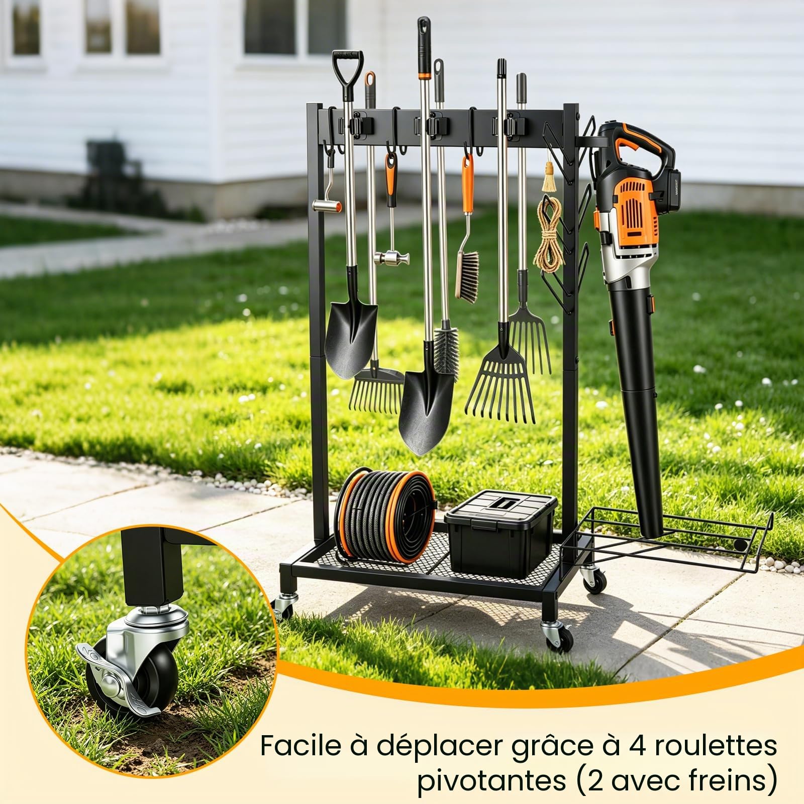 Chariot de Nettoyage, Porte Balai, avec 4 roulettes, 3 Crochets et 6 Emplacements, pour Outils de Jardin, avec Roue et Crochet, Support pour Outils Jardin, Étagère Rangement Nettoyage Mobile