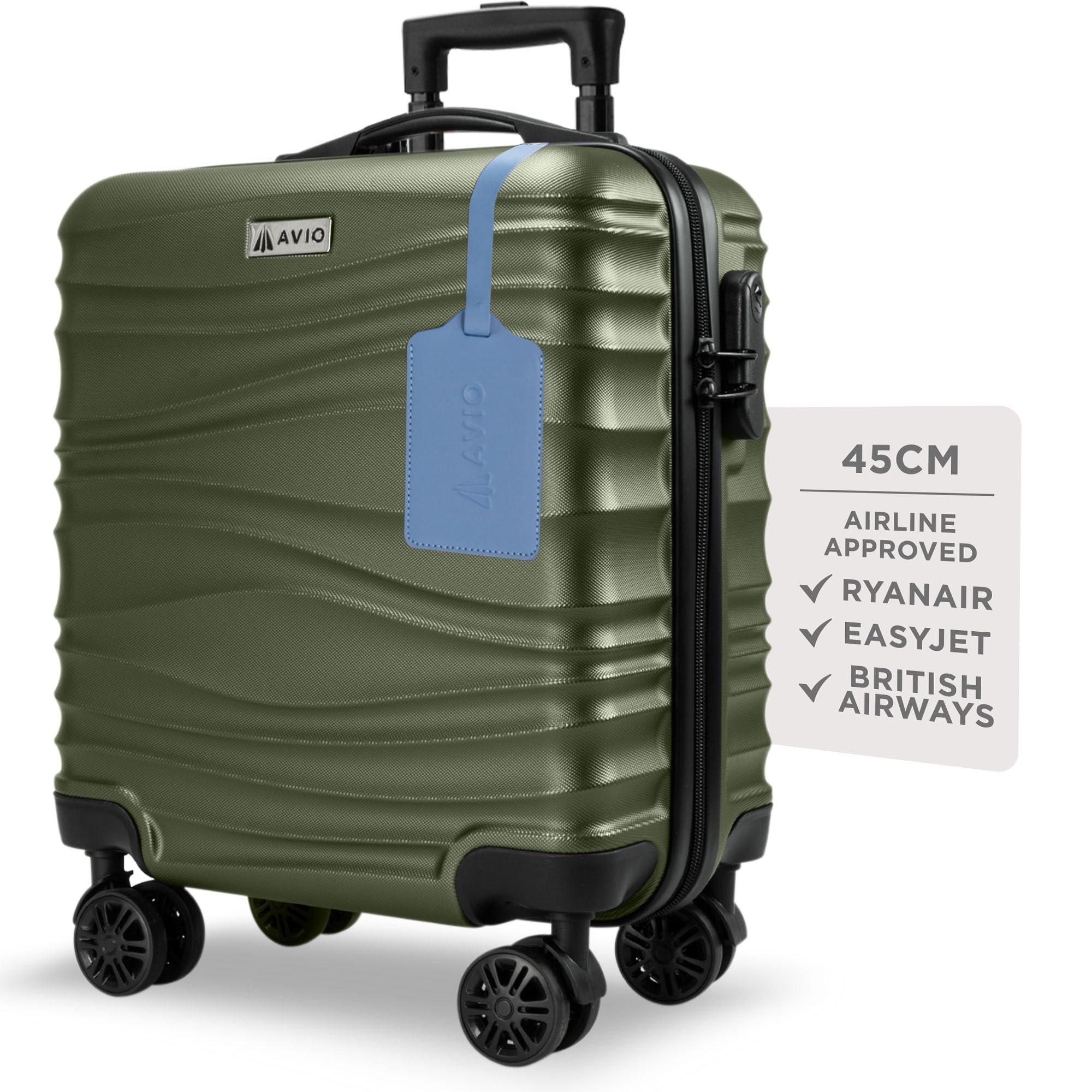 AVIO Wave Underseat Cabin Bag 45x36x20cm – Lightweight Compact Suitcase with Spinner Wheels & Combination Lock – Fits Ryanair, easyJet, Wizz Air