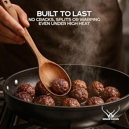 Miniatura 4 de 7 utensilios de cocina de madera de teca, juego de utensilios de cocina de madera hechos a mano con soporte, elegantes cucharas de madera para