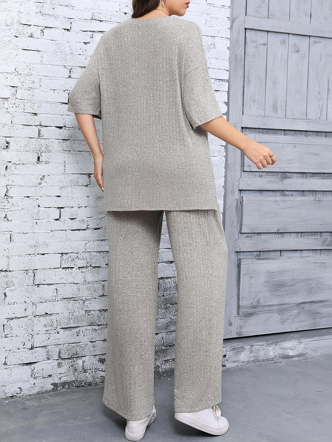 Beautife Womens Plus Size 2 Piece Lounge Sets Ribbed Short Sleeve Tops and Wide Leg Pants Set Travel Airport Outfits - Image 5