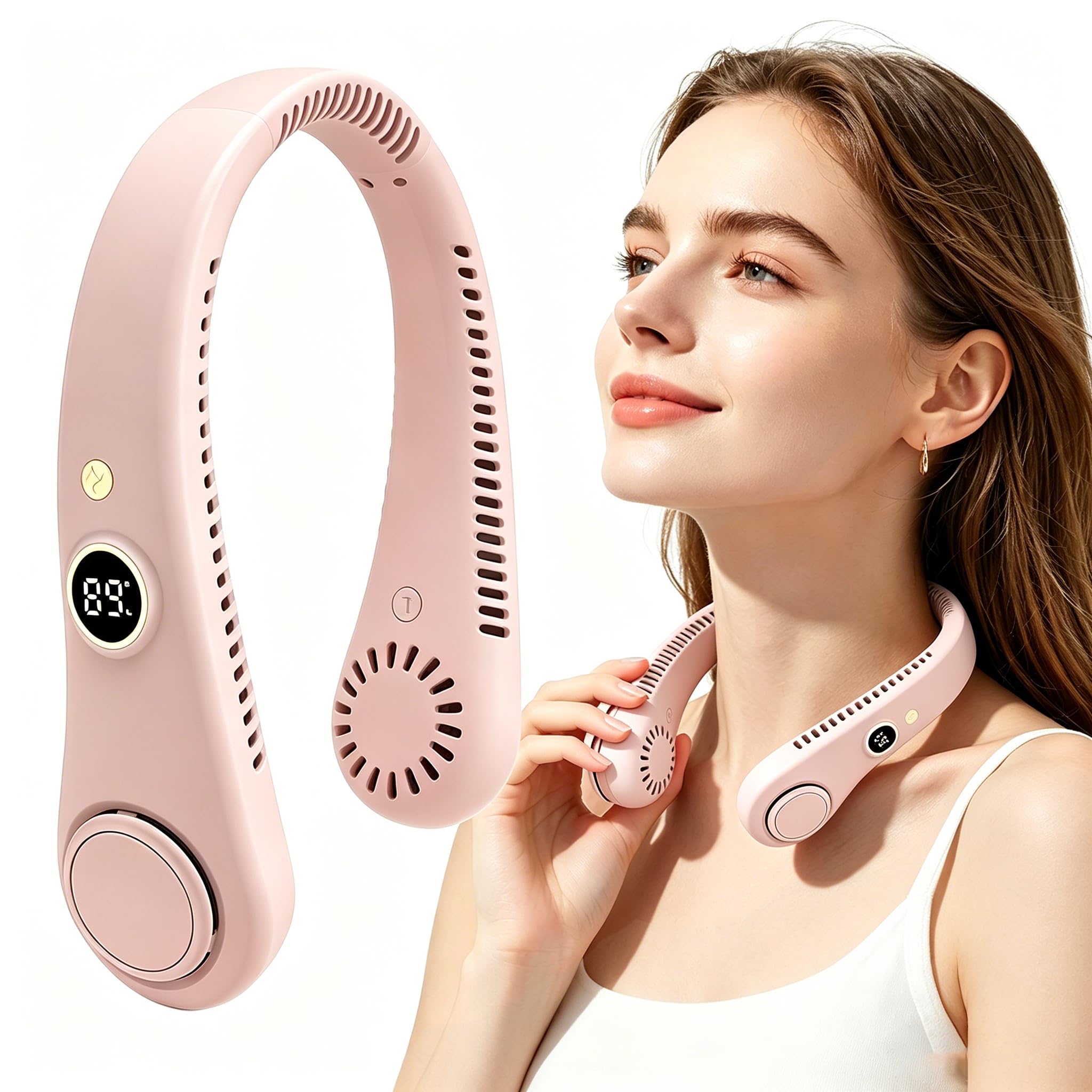 Portable Neck Fan,Quiet Bladeless,Hands Free Personal Fan with 5 Speeds & 1500mAh Battery,USB-C Rechargeable Wearable Fan,360° Adjustable Airflow,Quiet Cooling for Travel,Office,Outdoor & Home (Pink)