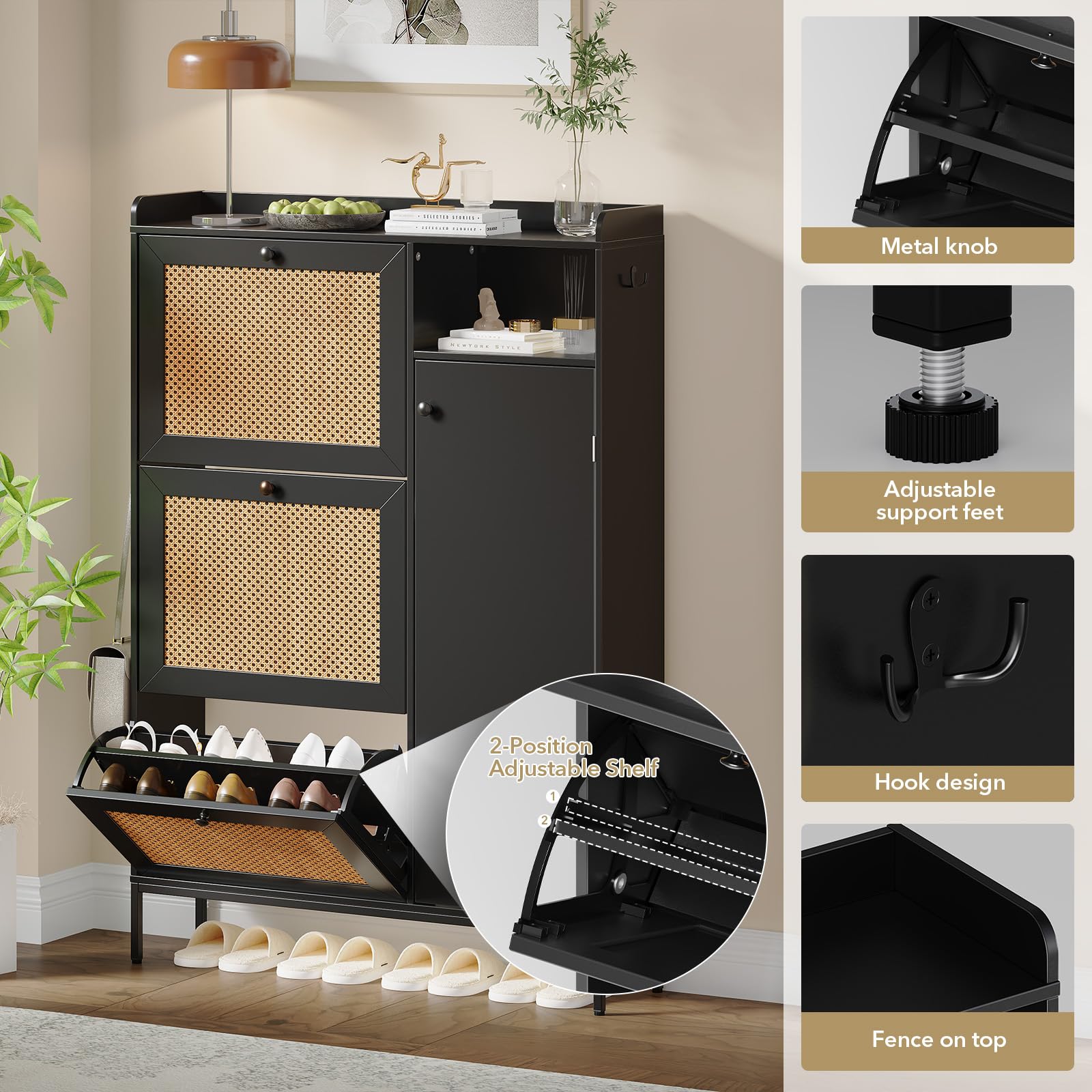 Mueble Zapatero de Ratán de 3 Niveles con Puerta Basculante, 3 Cajones Abatibles, Estantes Ajustables y Compartimentos Abiertos, Zapatero Entrada Recibidor Estrecho con Una Valla en la Parte Superior