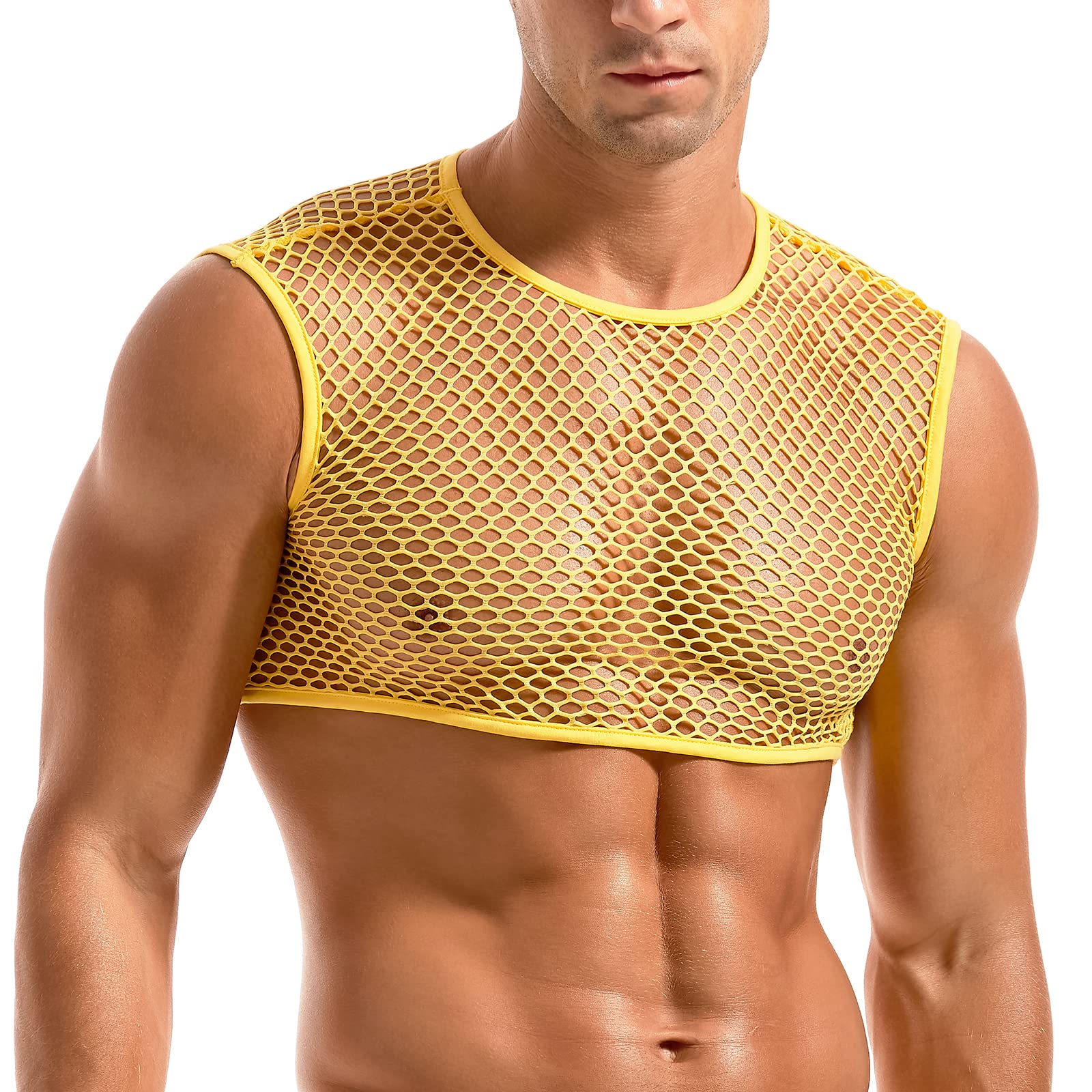 Amy Coulee Men's Gold Fishnet Crop Top Sexy Mesh Vest See Through Sleeveless Shirts Muscle Tank Top Novelty Party Clubwear (, Xl)