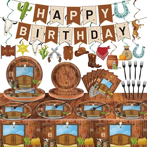 Vajilla de vaquero occidental para fiesta de vaquero, vintage, granja, cumpleaños, sombreros de vaquero, botas, manteles desechables, pancarta de