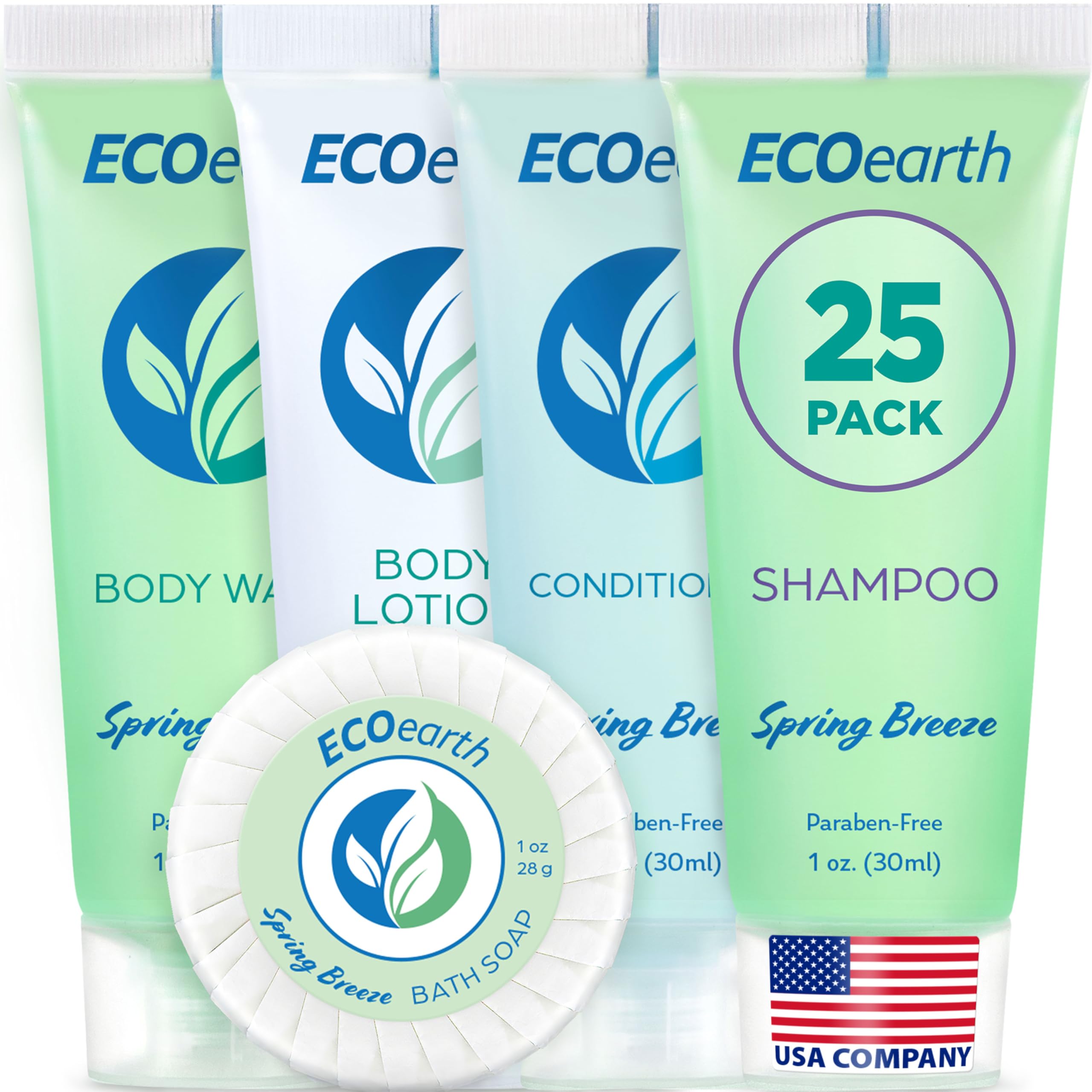 EcoEarth Hotel Toiletries Bundle (Spring Breeze, 1 oz Each, 125 Pieces) 5-Piece Set: 25 Each Round Bar Soap, Shampoo, Conditioner, Body Lotion & Body Wash - Bulk Mini Guest Amenities