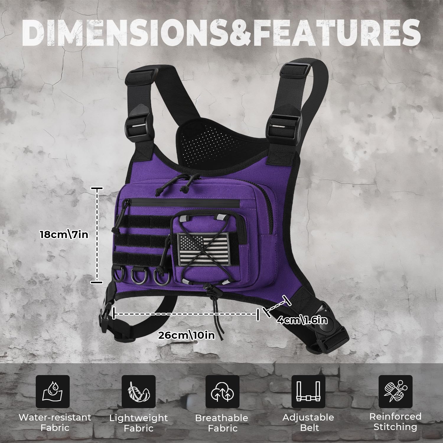 Outdoor Sport Brusttasche für Herren, Brustwestenholster passend für die meisten Pistolen, EDC Travel Chest Pack für Laufen, Wandern (lila)