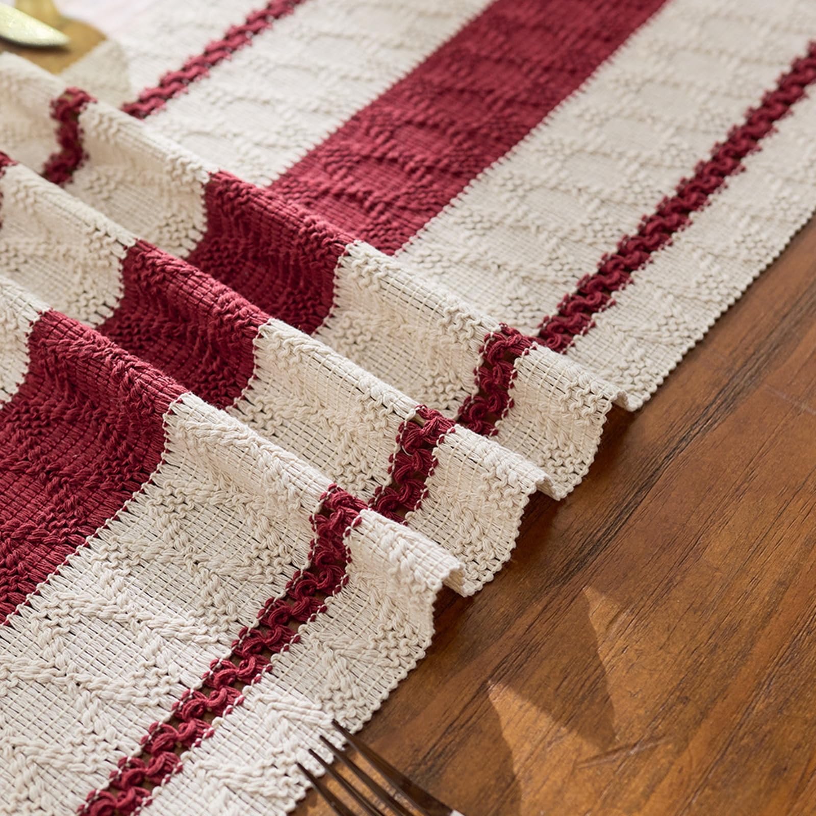 Rot Beige Tischläufer Baumwolle, Makramee Boho Tischläufer Esstisch Abwaschbar Hohl Gewebter Geometrisch Oval Muster mit Quasten Tischdecke für Esszimmer Dekor, 30x260 cm, Rot Beige
