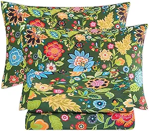 Bedlifes King Sheet Set Ultra Soft, Breathable, Silky Flower Deep Pocket 100% Microfiber Bedding, 4 Piece King Size with Floral Dark Green