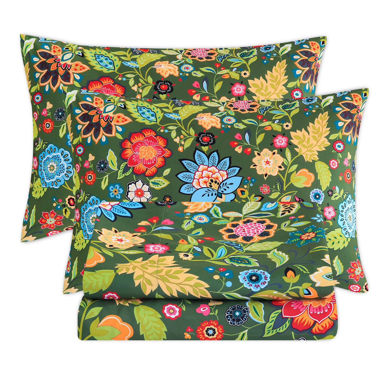 Bedlifes Twin Sheet Set Ultra Soft, Breathable, Silky Flower Deep Pocket 100% Microfiber Bedding, 3 Piece Twin Size with Floral Dark Green