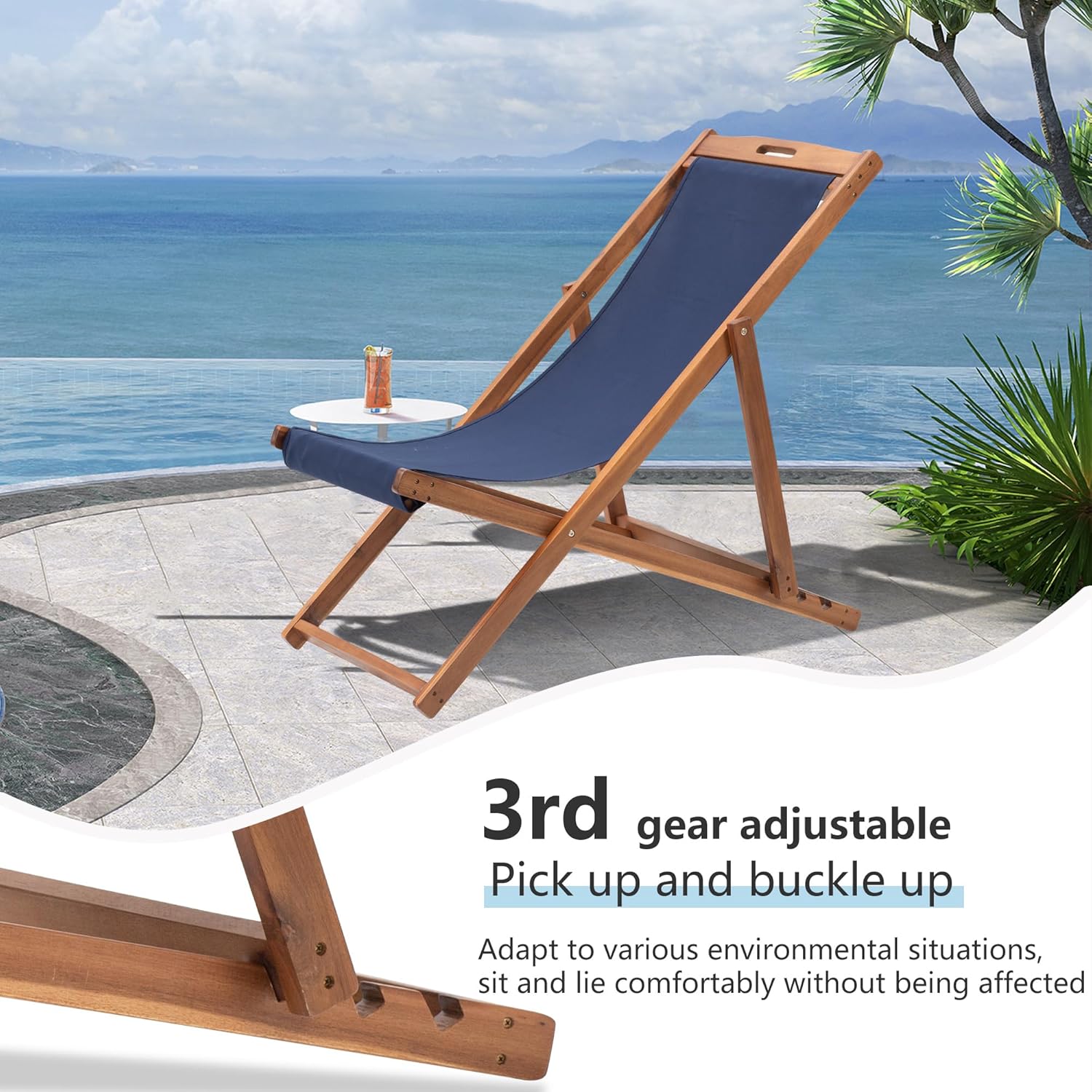 2 Set Outdoor Wooden Patio Lounge Chair Beach Sling Chair Level 3 Height Adjustable Portable Reclining Beach Chair Solid Wood Frame Polyester Canvas (Blue)