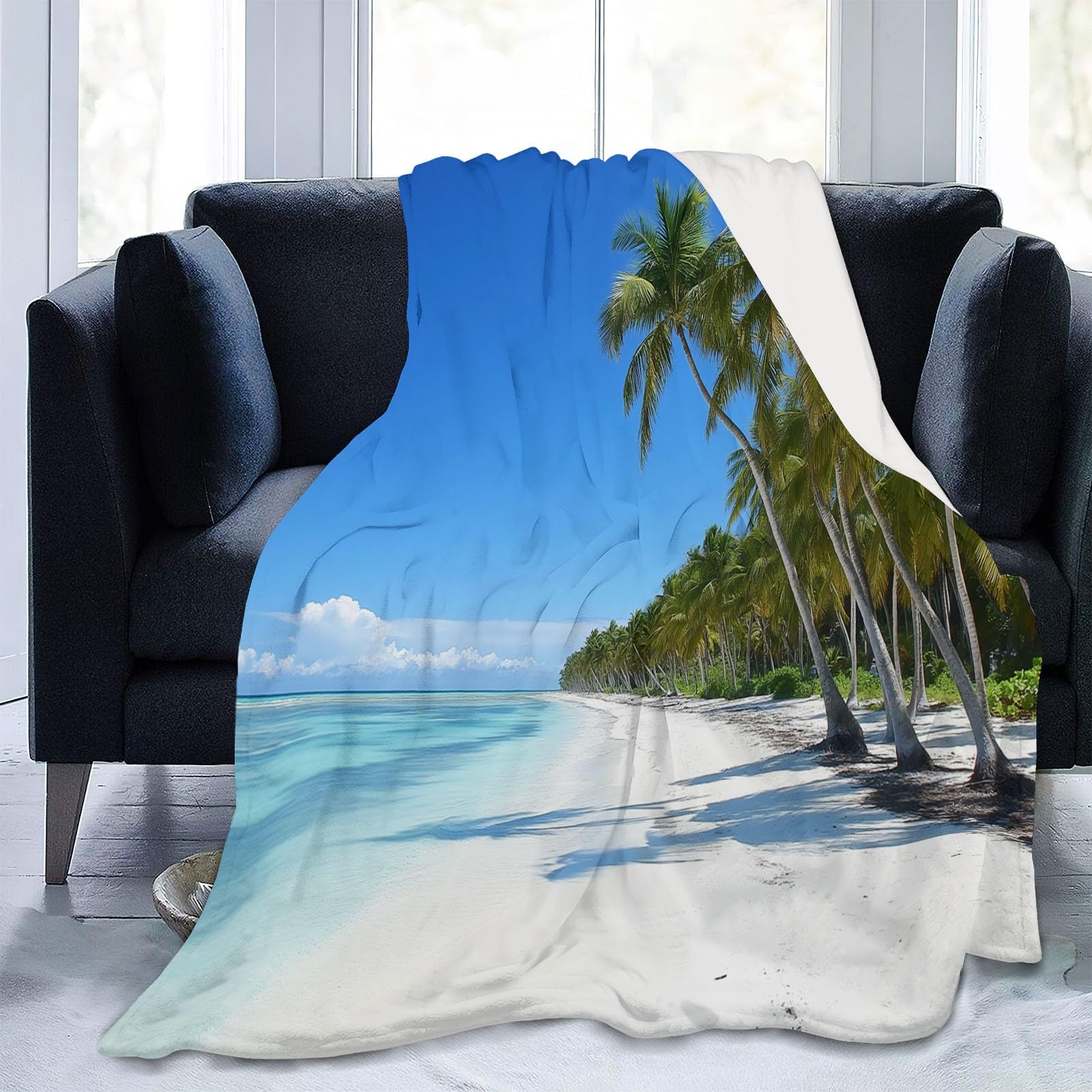 Koc flanelowy, koc do przytulania, niebieski, zielony, na kanapę, lekki, miękki, przytulny koc dekoracyjny do salonu, 3D, naturalny tropikalna plaża, ciepły koc do mieszkania, 200 x 220 cm