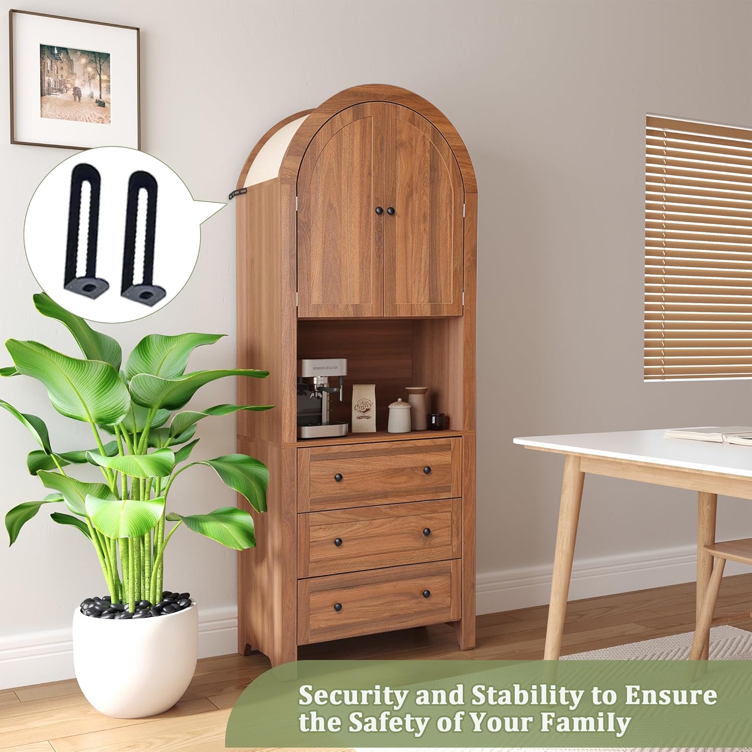 71" Tall Arched Kitchen Pantry Cabinet with Microwave Shelf,Modern Farmhouse Hutch Cabinet with Drawers & Door,Arched Storage Sideboard Cabinets (Walnut, 13.78" D x 27.56" W x 70.87" H)