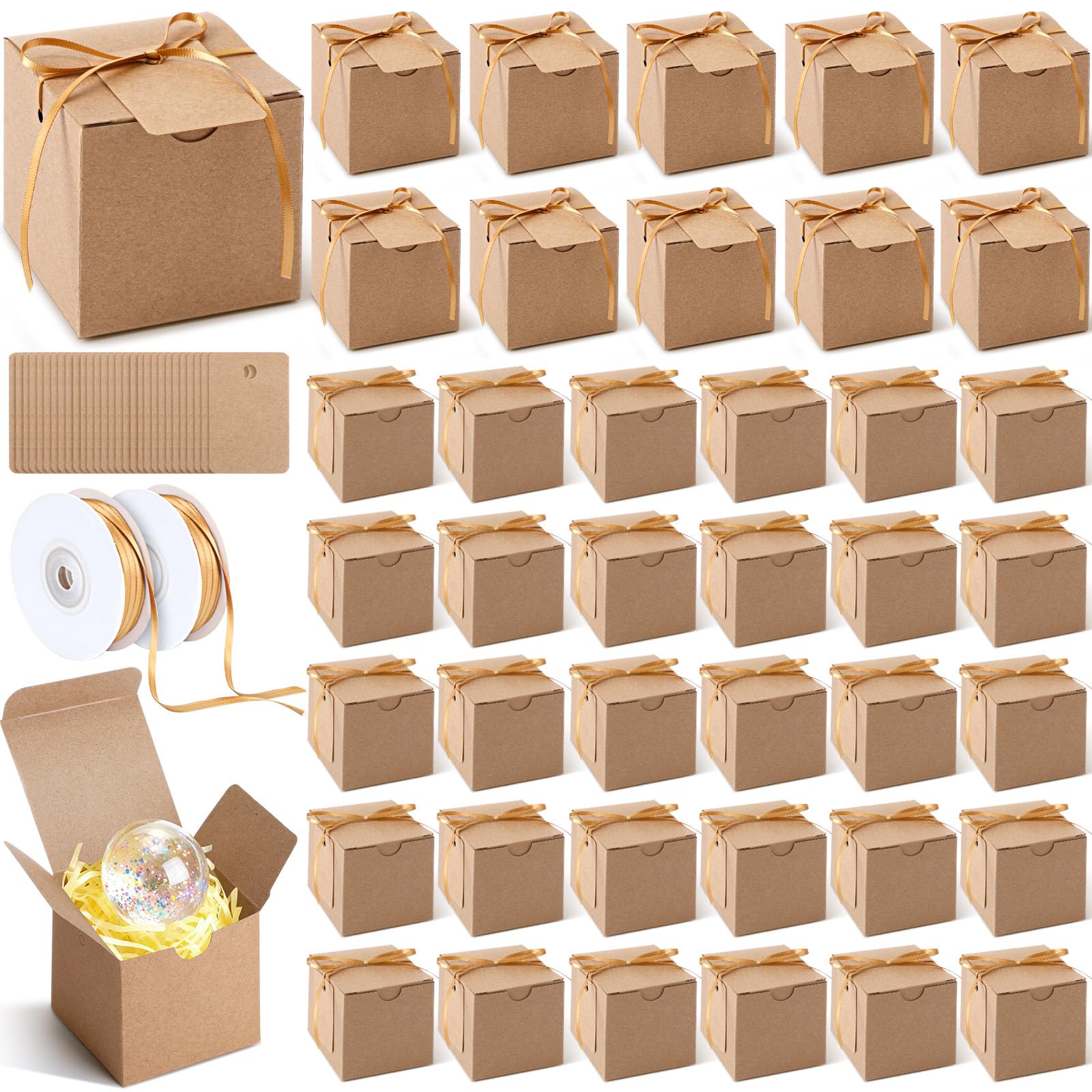 YooNotee 100 Pcs Small Gifts Boxes 3x3x3 Inches Kraft Square Gift Boxes with Lids Cards Ribbons, Brown Square Favor Box Bulk for Gifts Candy Wedding Bridesmaids Birthday Party(3x3x3 Inches, Kraft)