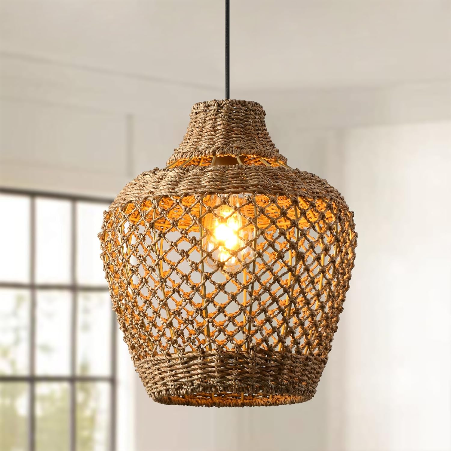 Brown Rattan Pendant Lights Kitchen Island 11.8in Boho Wicker Light Fixture Farmhouse Woven Chandelier Rustic Hanging Lighting for Bedroom Dining Room Restaurant Entryway Hallway Bar